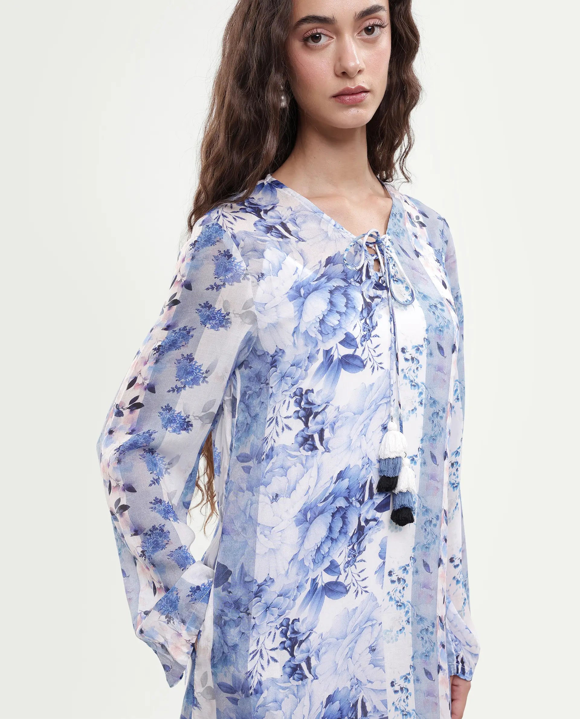 Rareism Women's Shay Blue Modal Tie-Up Neck Floral Print Knee Length Relaxed Fit Shrug