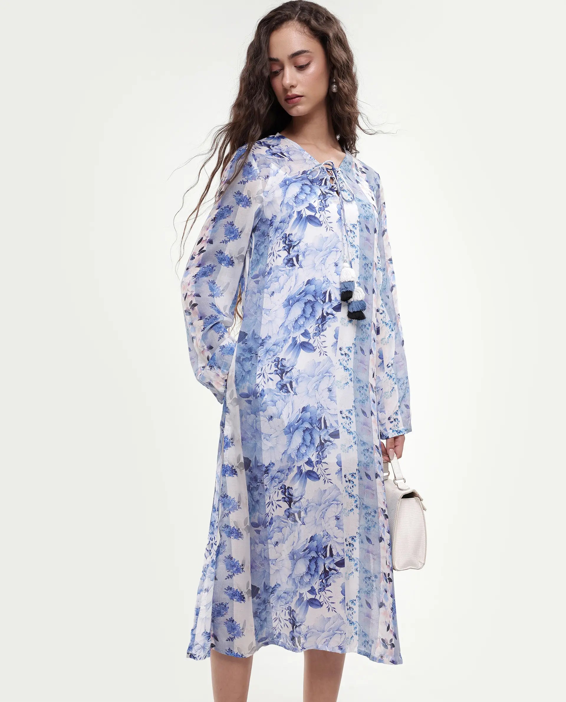 Rareism Women's Shay Blue Modal Tie-Up Neck Floral Print Knee Length Relaxed Fit Shrug