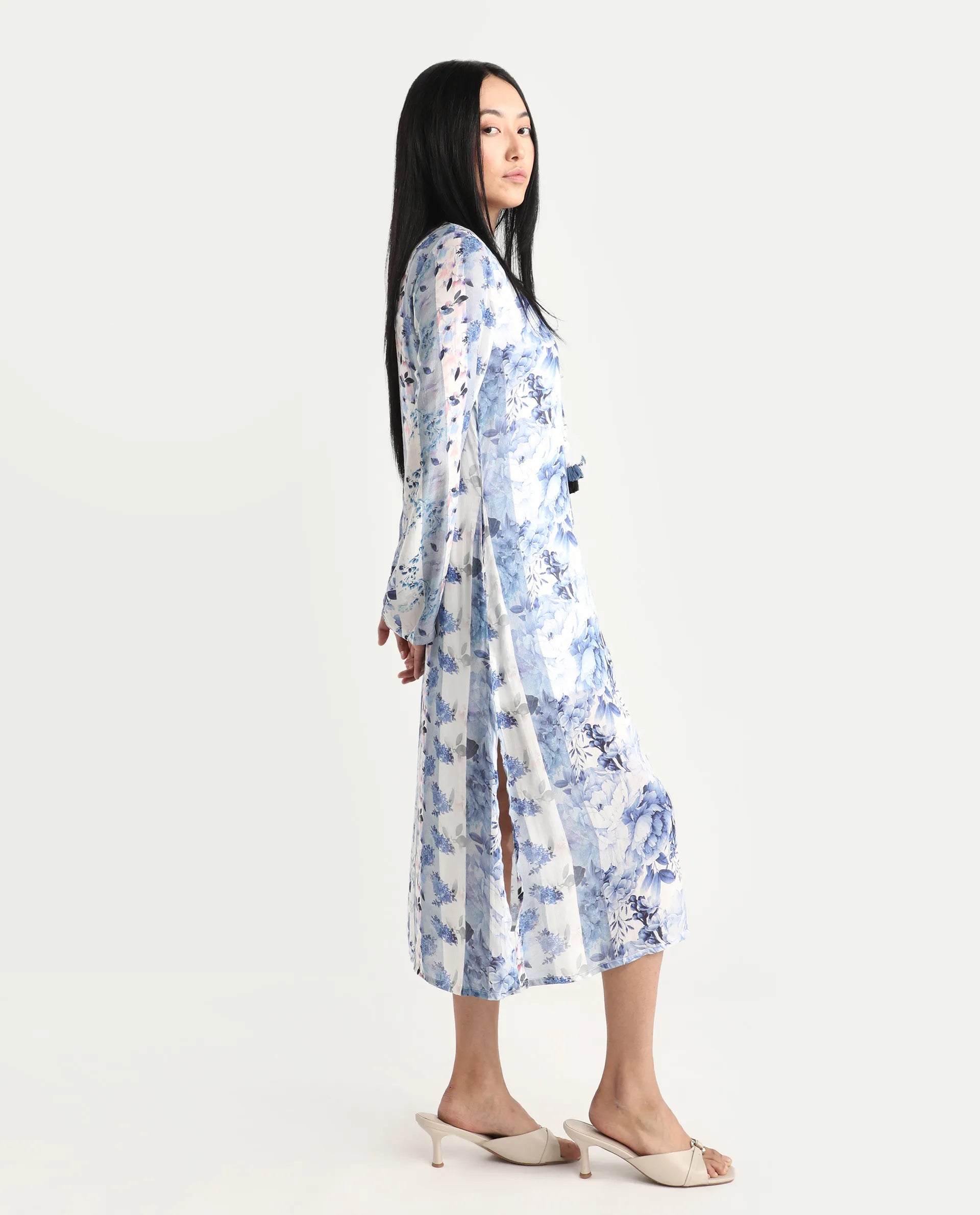 Rareism Women's Shay Blue Modal Tie-Up Neck Floral Print Knee Length Relaxed Fit Shrug