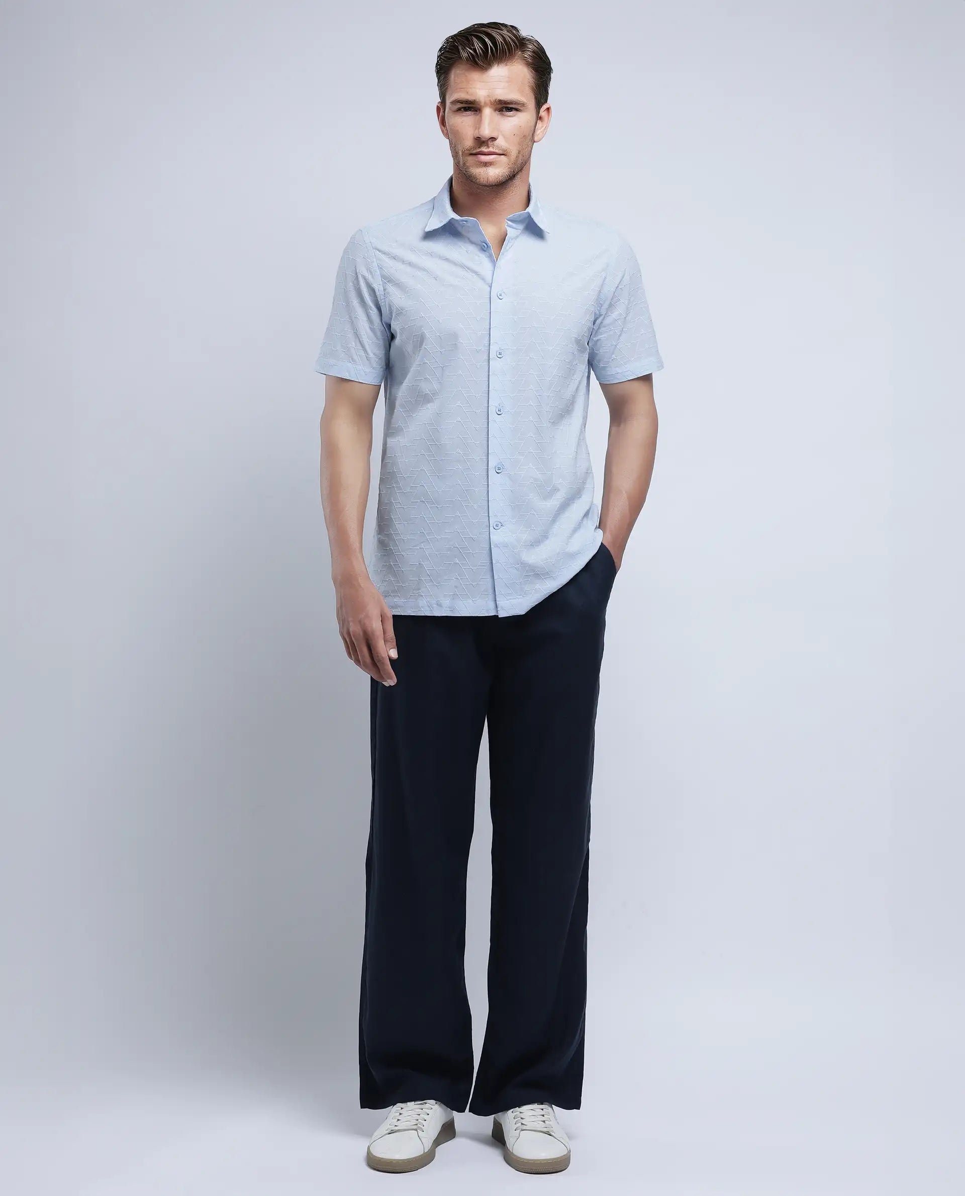 Rare Rabbit Men's Shek Blue Cotton Textured Regular Fit Half Sleeve Collared Shirt