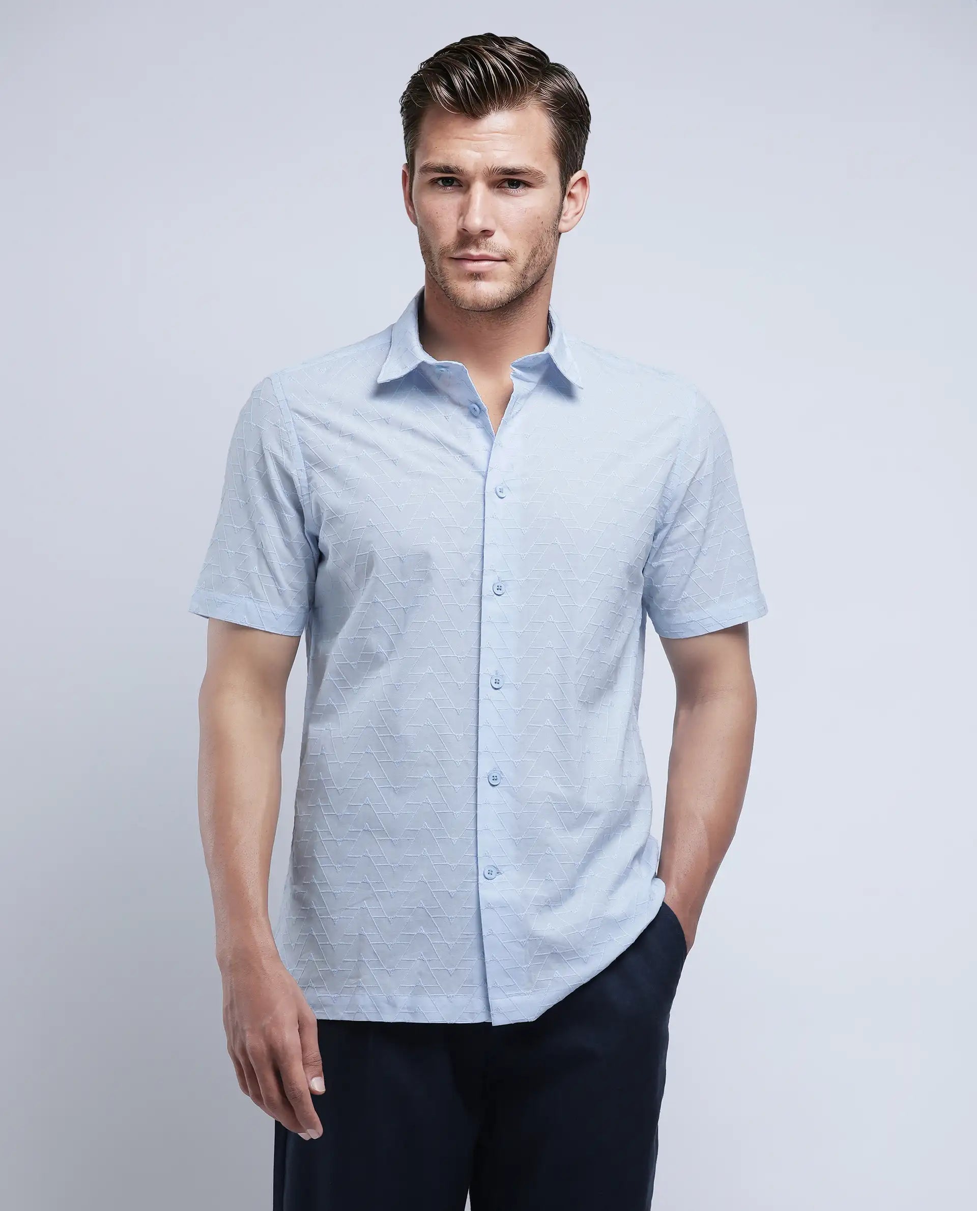 Rare Rabbit Men's Shek Blue Cotton Textured Regular Fit Half Sleeve Collared Shirt