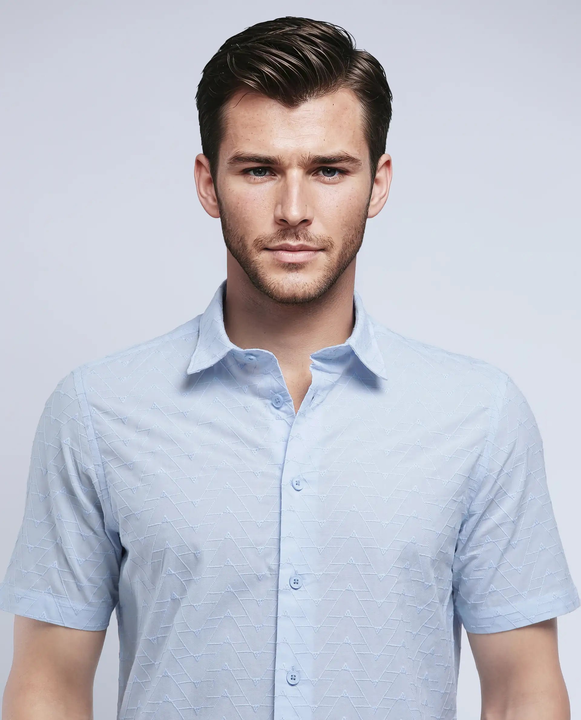 Rare Rabbit Men's Shek Blue Cotton Textured Regular Fit Half Sleeve Collared Shirt