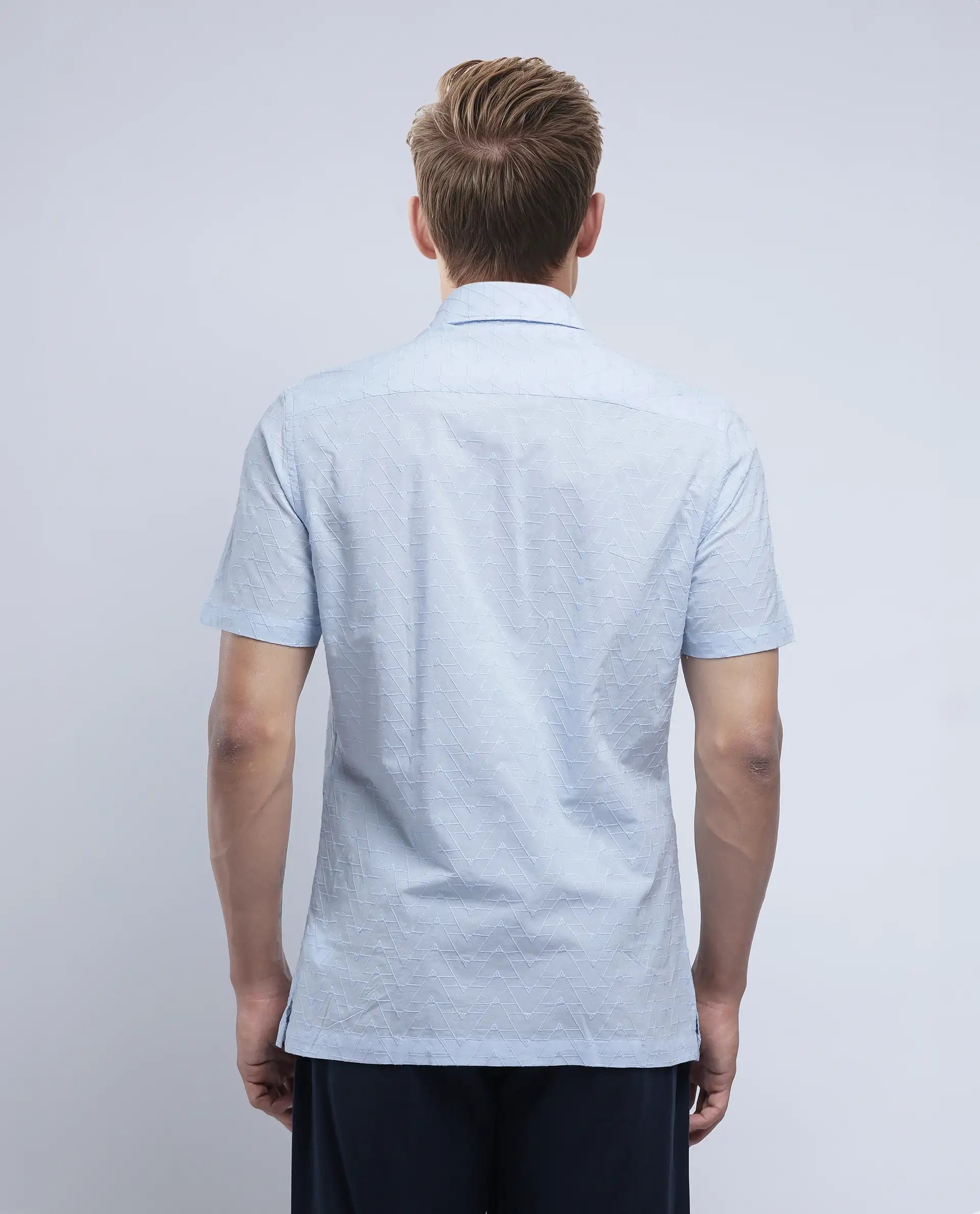 Rare Rabbit Men's Shek Blue Cotton Textured Regular Fit Half Sleeve Collared Shirt