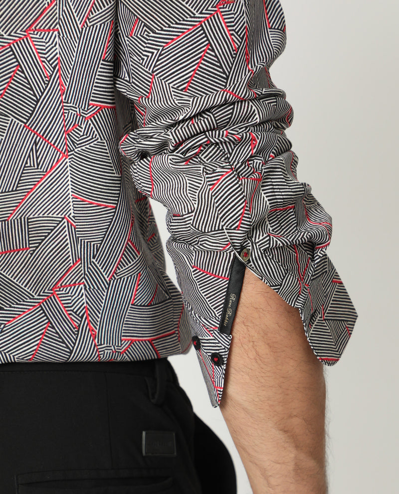 Rare Rabbit Men's Shell Black Viscose Fabric Geometric Print Full Sleeves Shirt
