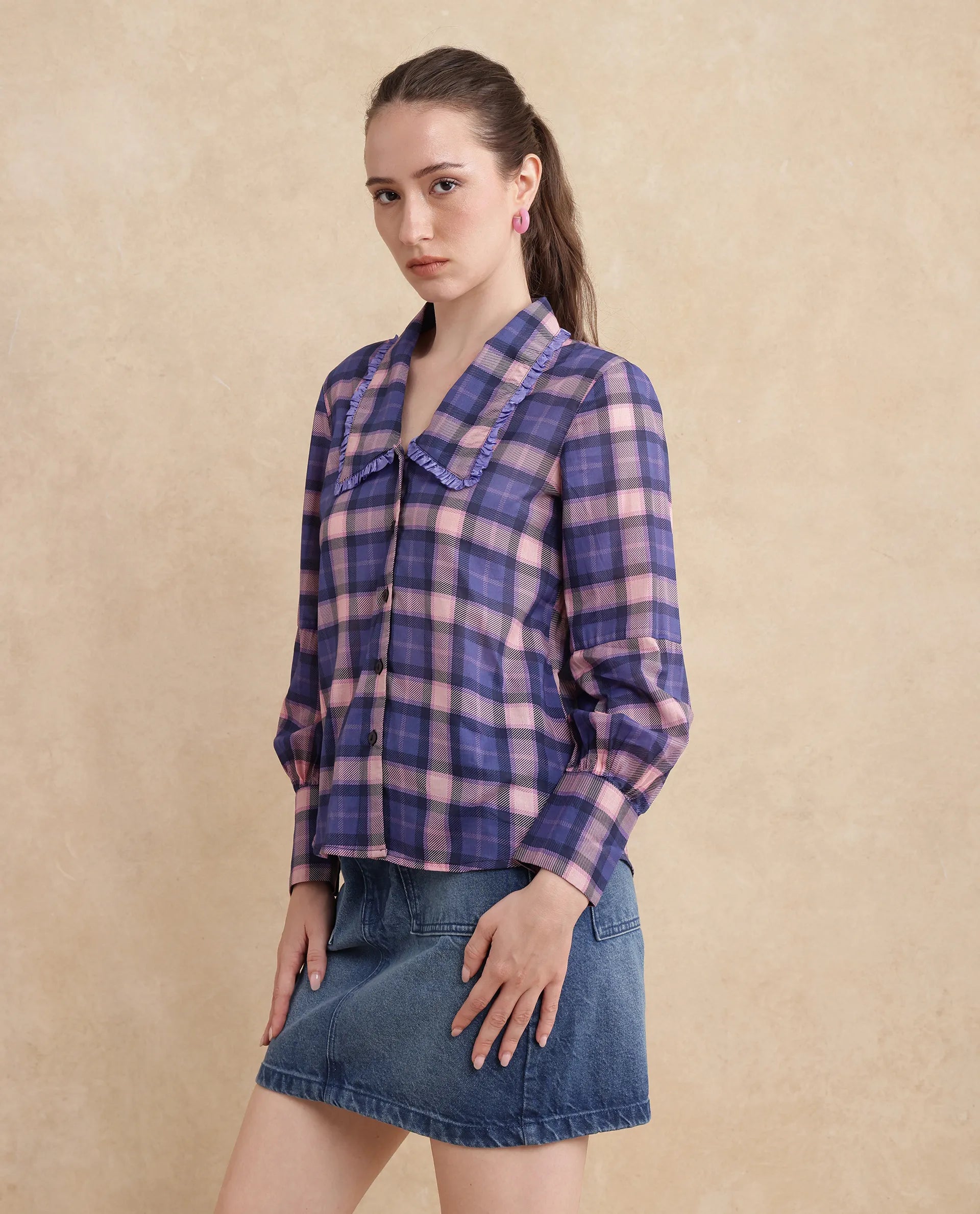 Rareism Women Shellbuto Purple Volume Sleeve Chelea Collar Relaxed Fit Flannel Print Top