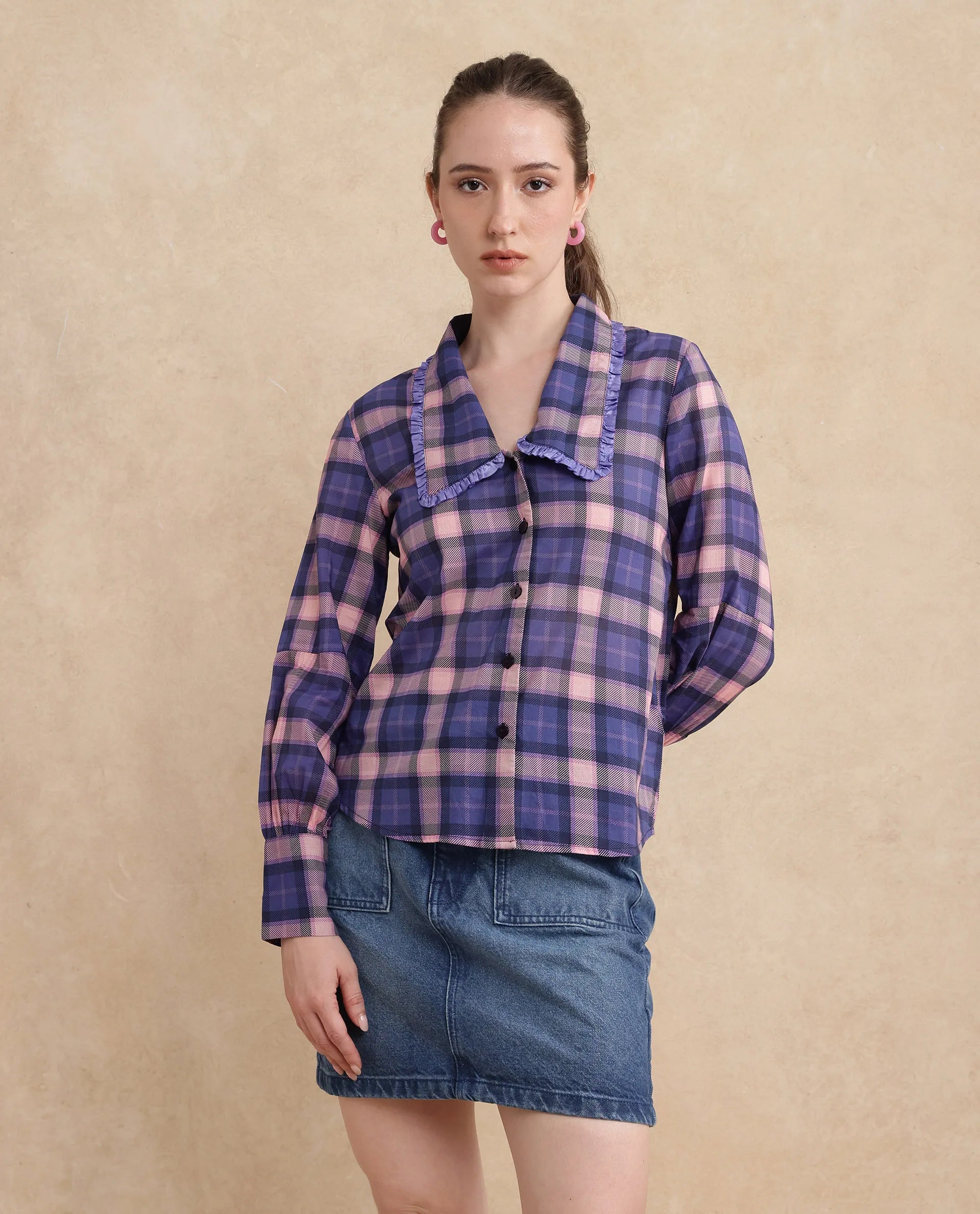 Rareism Women Shellbuto Purple Volume Sleeve Chelea Collar Relaxed Fit Flannel Print Top