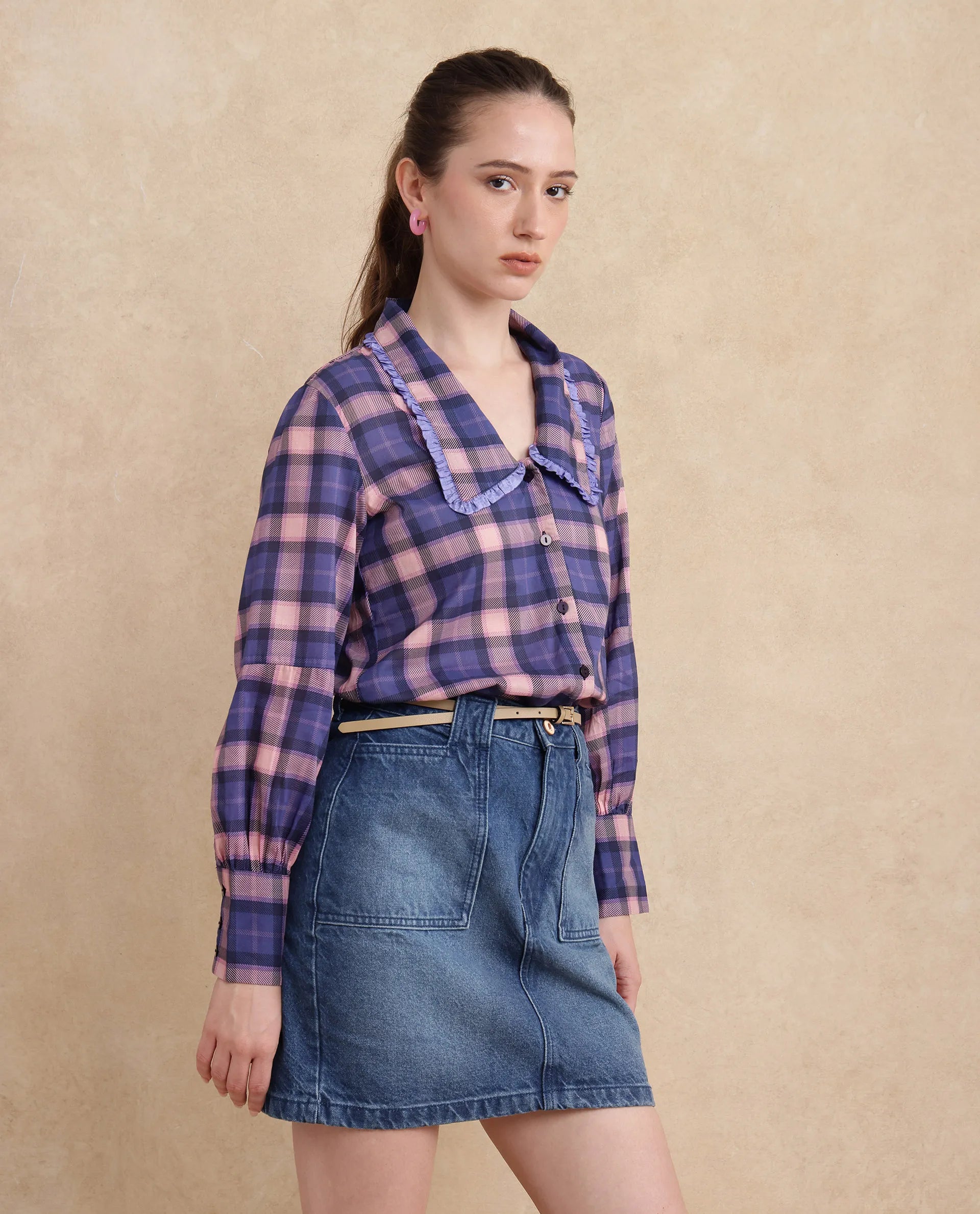 Rareism Women Shellbuto Purple Volume Sleeve Chelea Collar Relaxed Fit Flannel Print Top