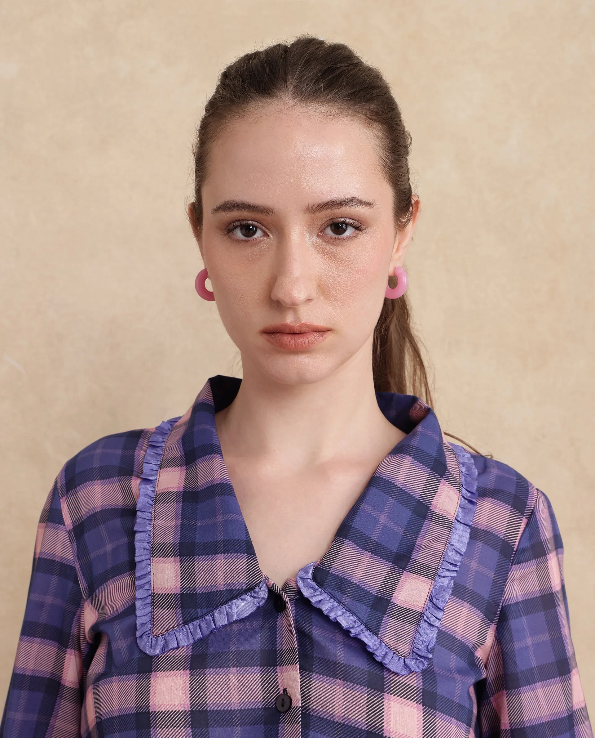 Rareism Women Shellbuto Purple Volume Sleeve Chelea Collar Relaxed Fit Flannel Print Top