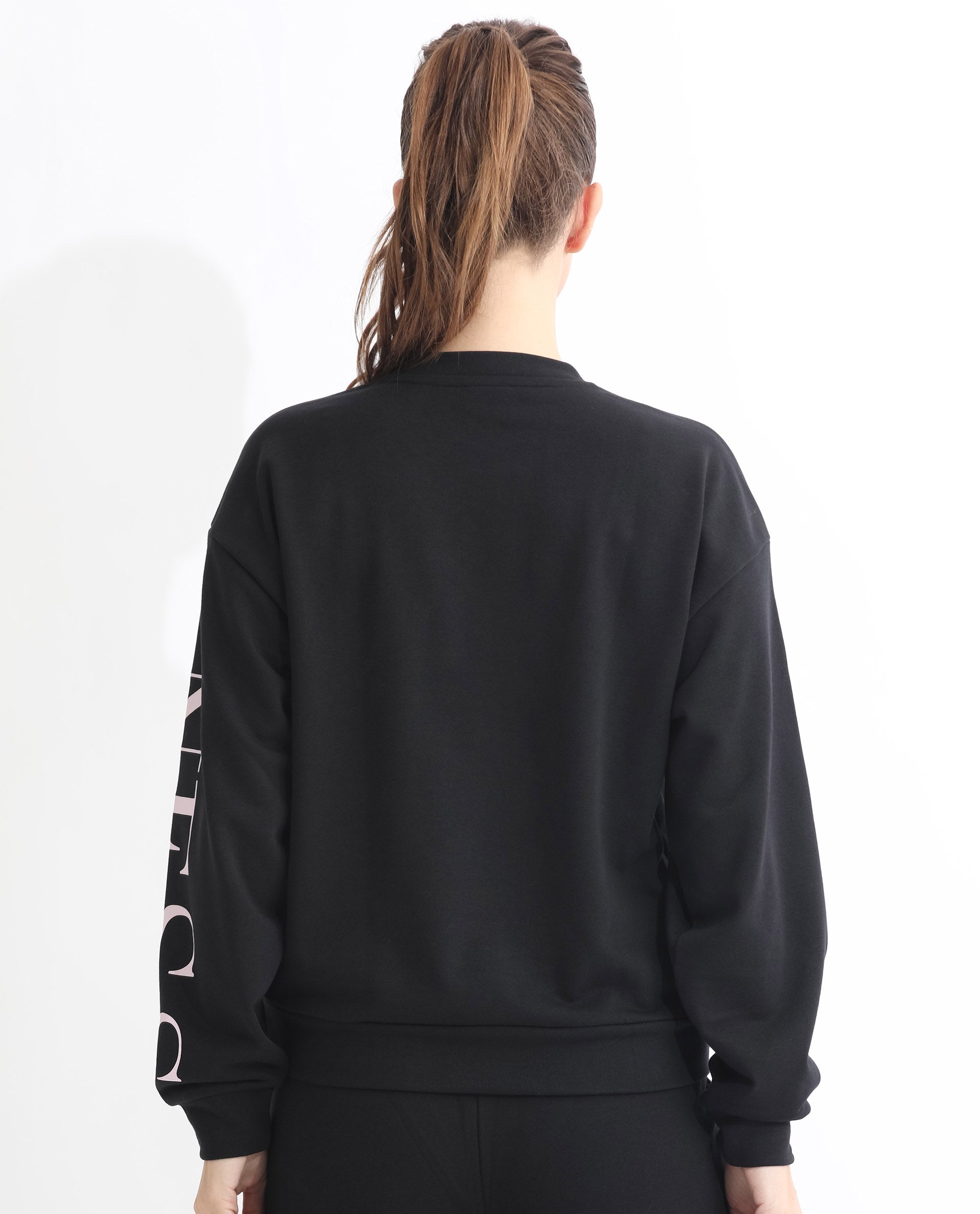 Rareism Women Shelly Black Poly Cotton Fabric Relaxed Fit Full Sleeves Solid Round Neck Sweatshirt