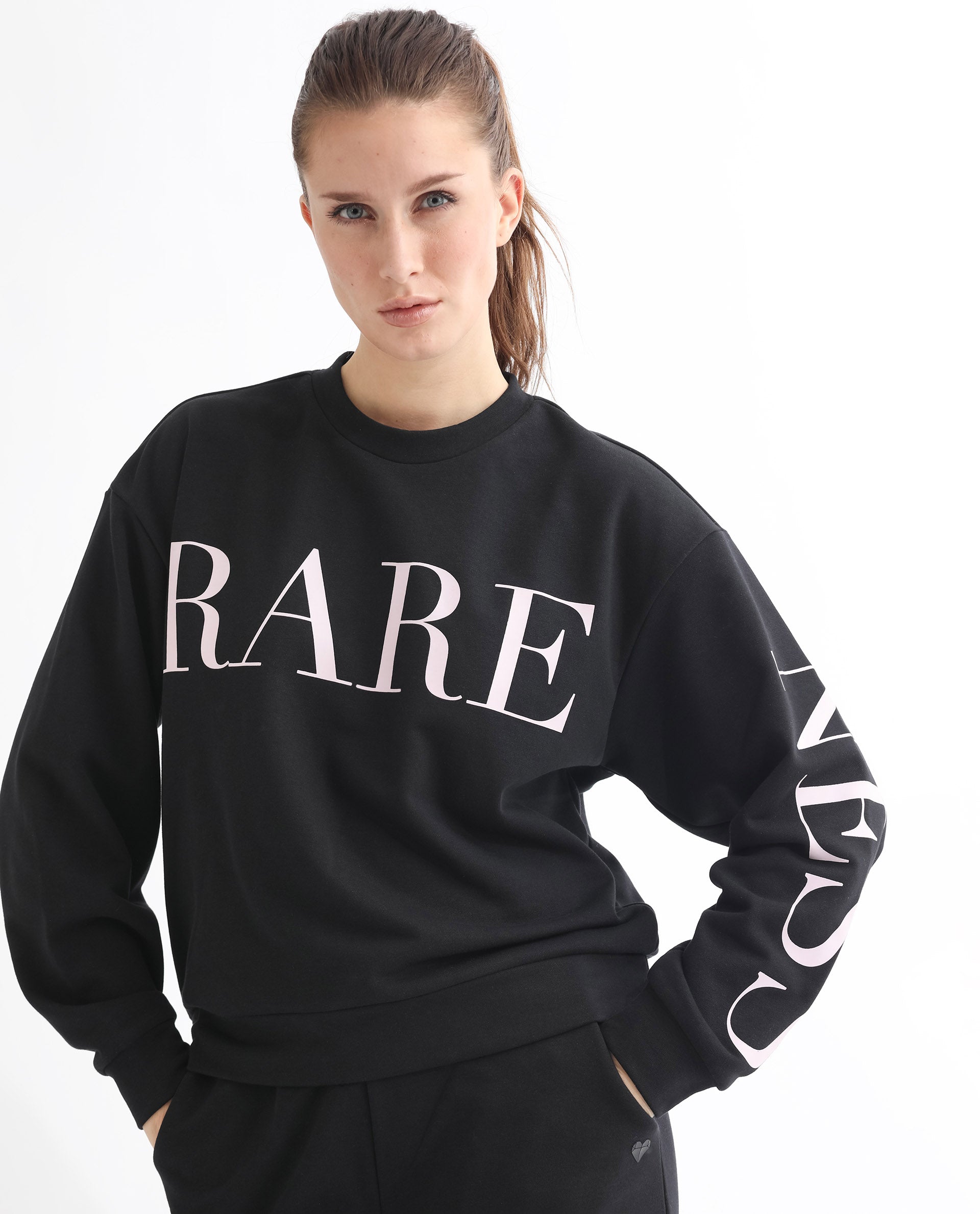 Rareism Women Shelly Black Poly Cotton Fabric Relaxed Fit Full Sleeves Solid Round Neck Sweatshirt