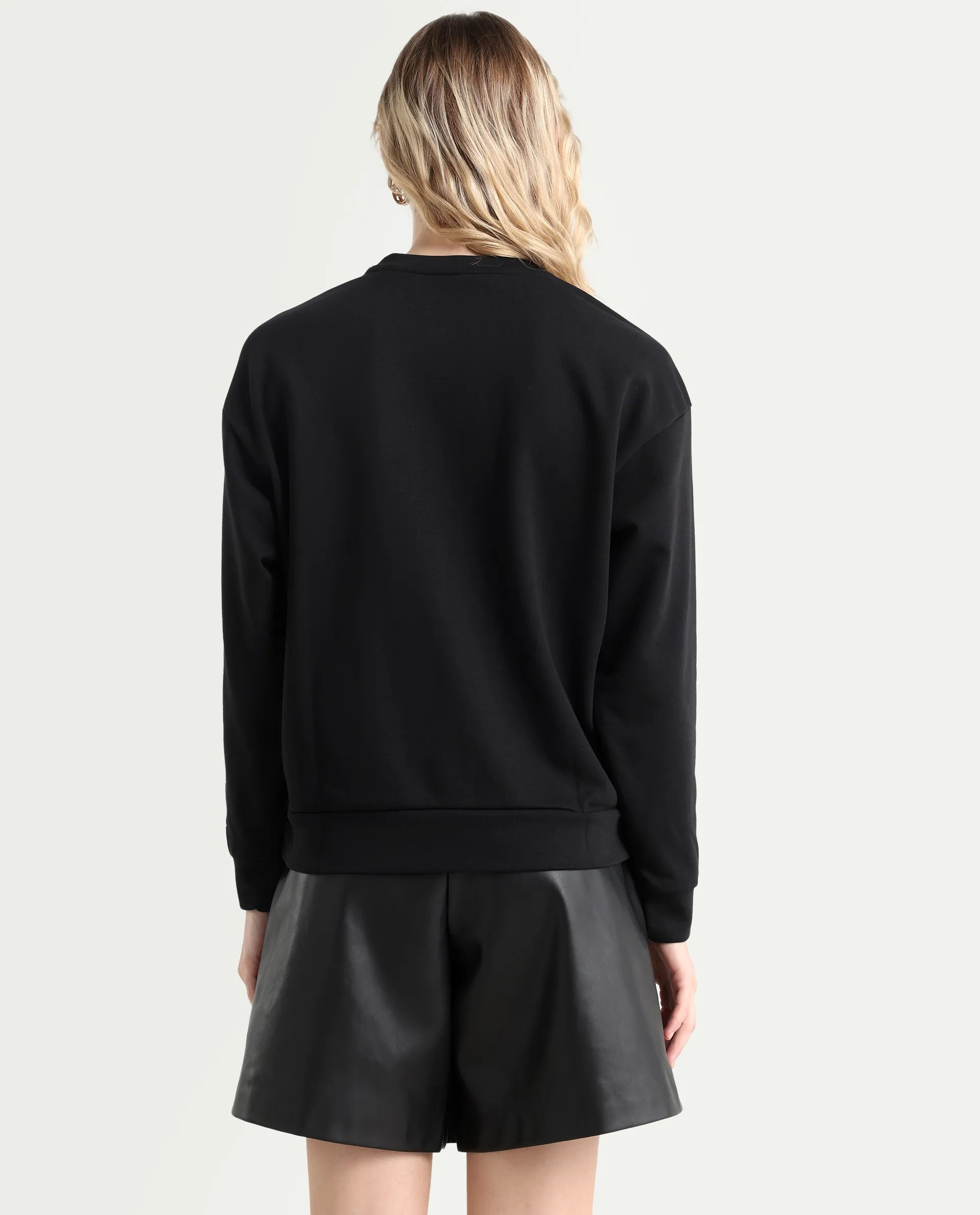 Rareism Women's Shelly Black Polyester Blend Crew Neck Graphic Print Cuffed Sleeve Relaxed Fit Sweatshirt