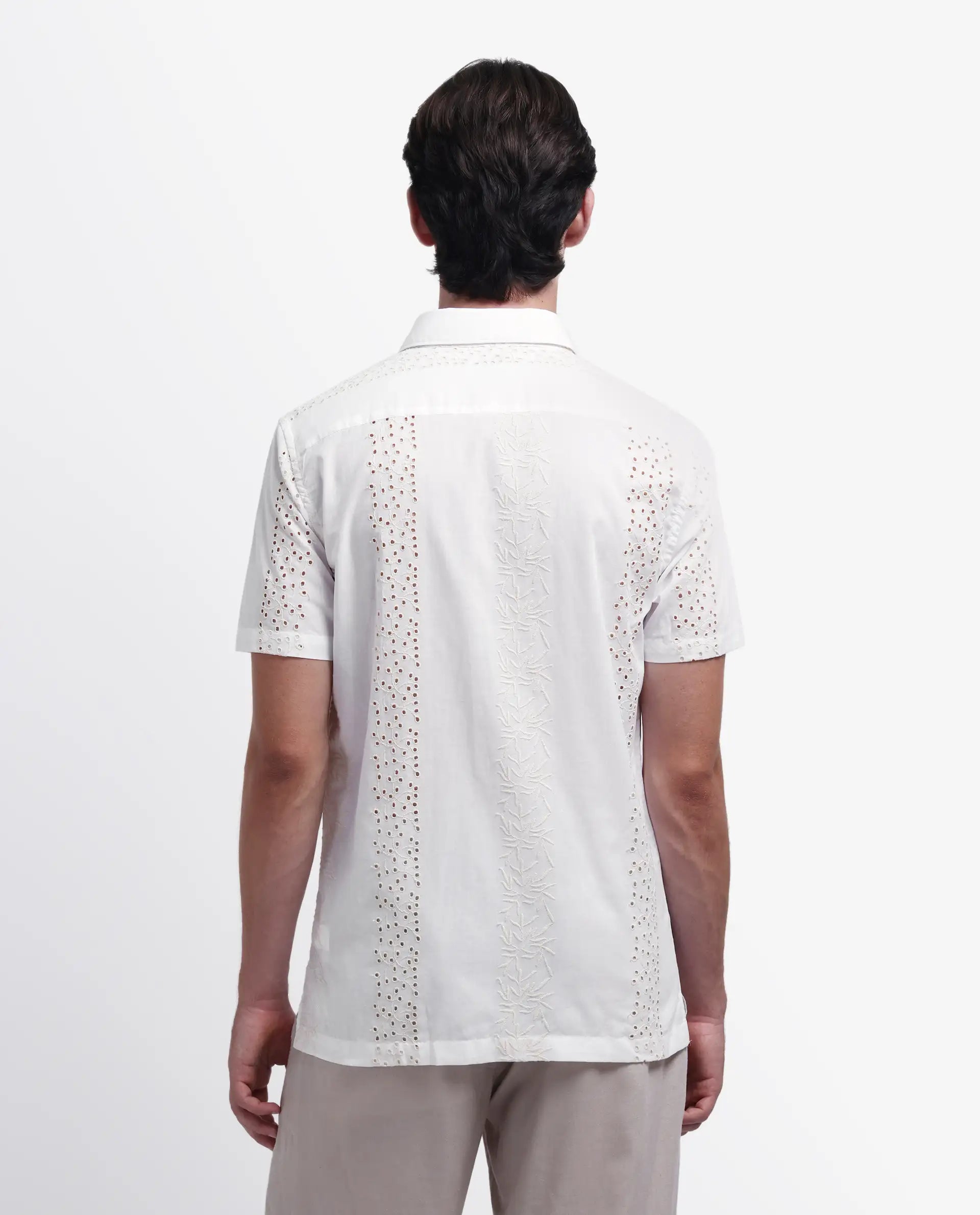 Rare Rabbit Men's Shel White Cotton Embroidered Regular Fit Half Sleeve Collared Shirt