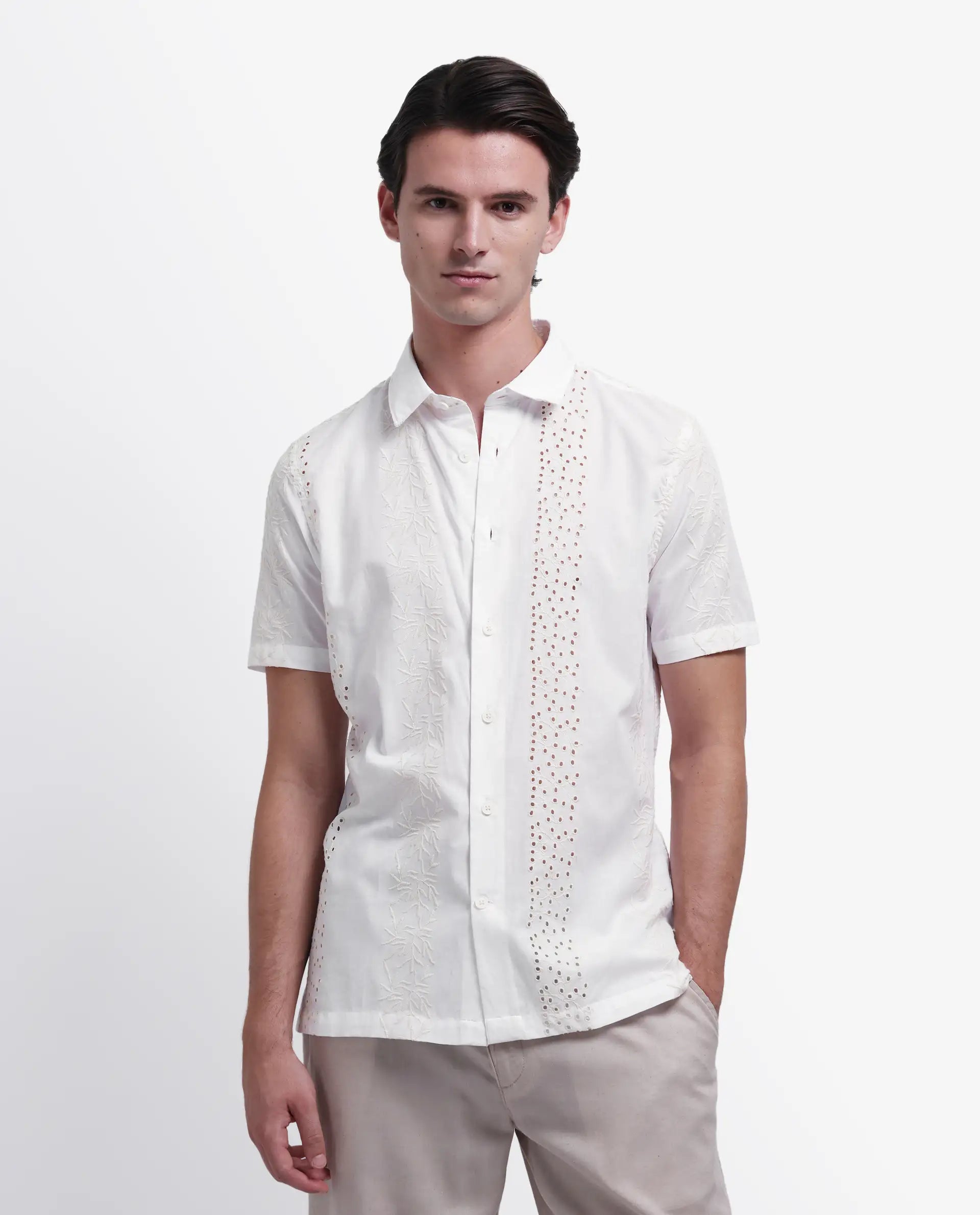 Rare Rabbit Men's Shel White Cotton Embroidered Regular Fit Half Sleeve Collared Shirt