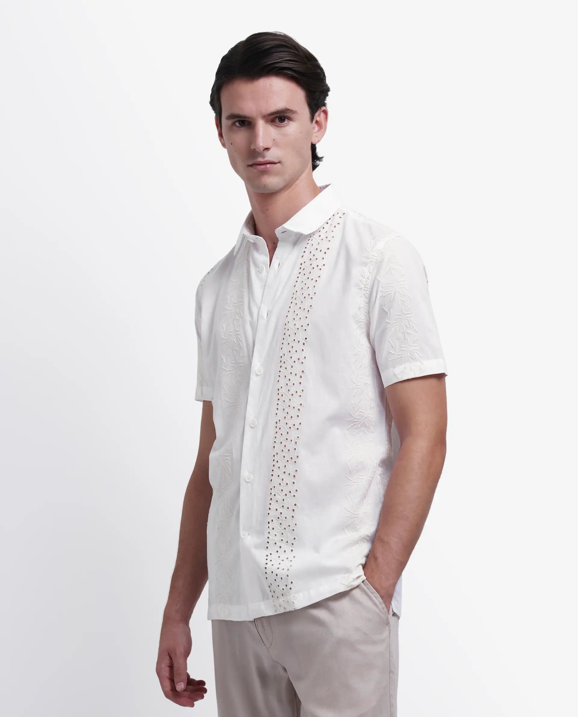 Rare Rabbit Men's Shel White Cotton Embroidered Regular Fit Half Sleeve Collared Shirt