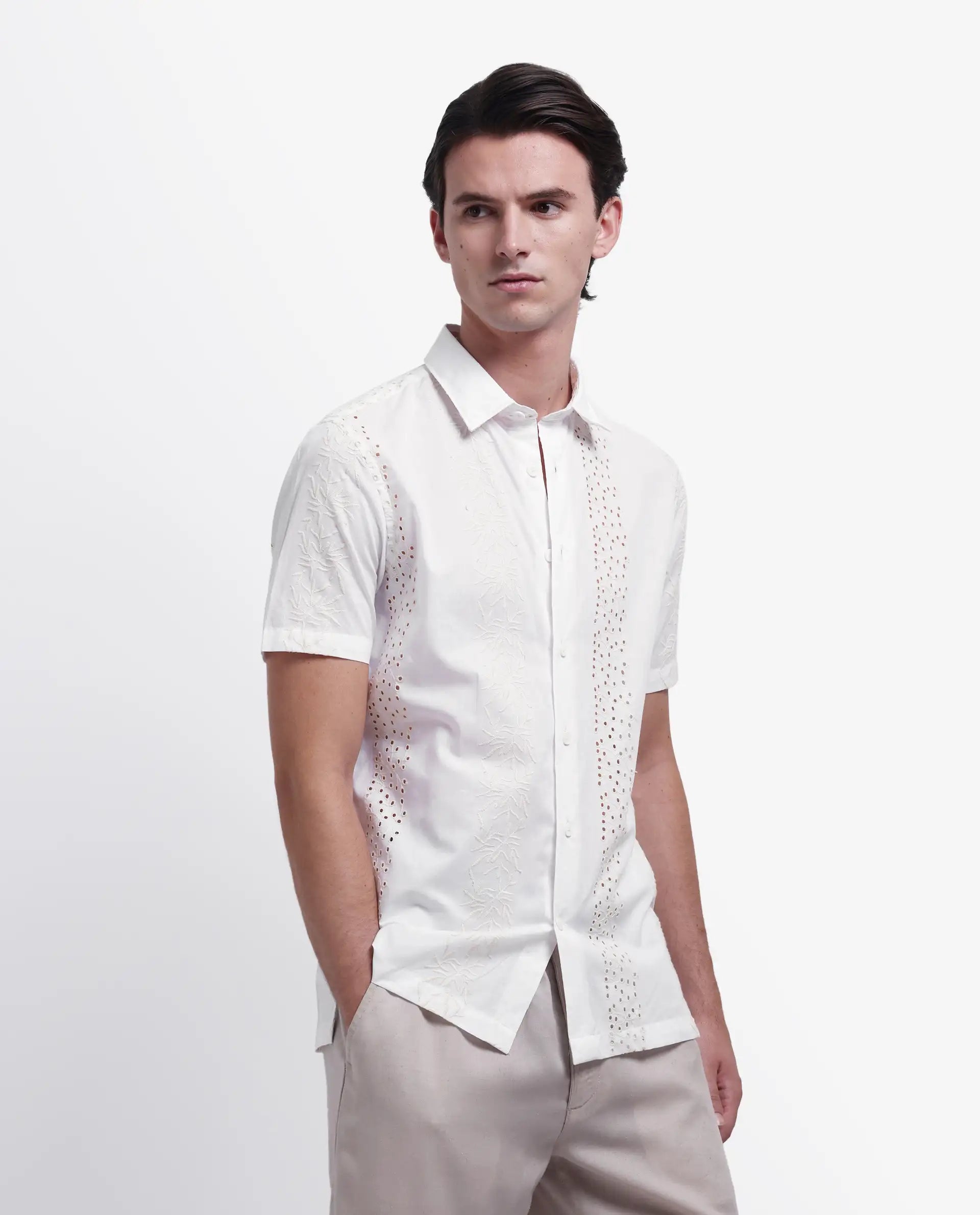 Rare Rabbit Men's Shel White Cotton Embroidered Regular Fit Half Sleeve Collared Shirt