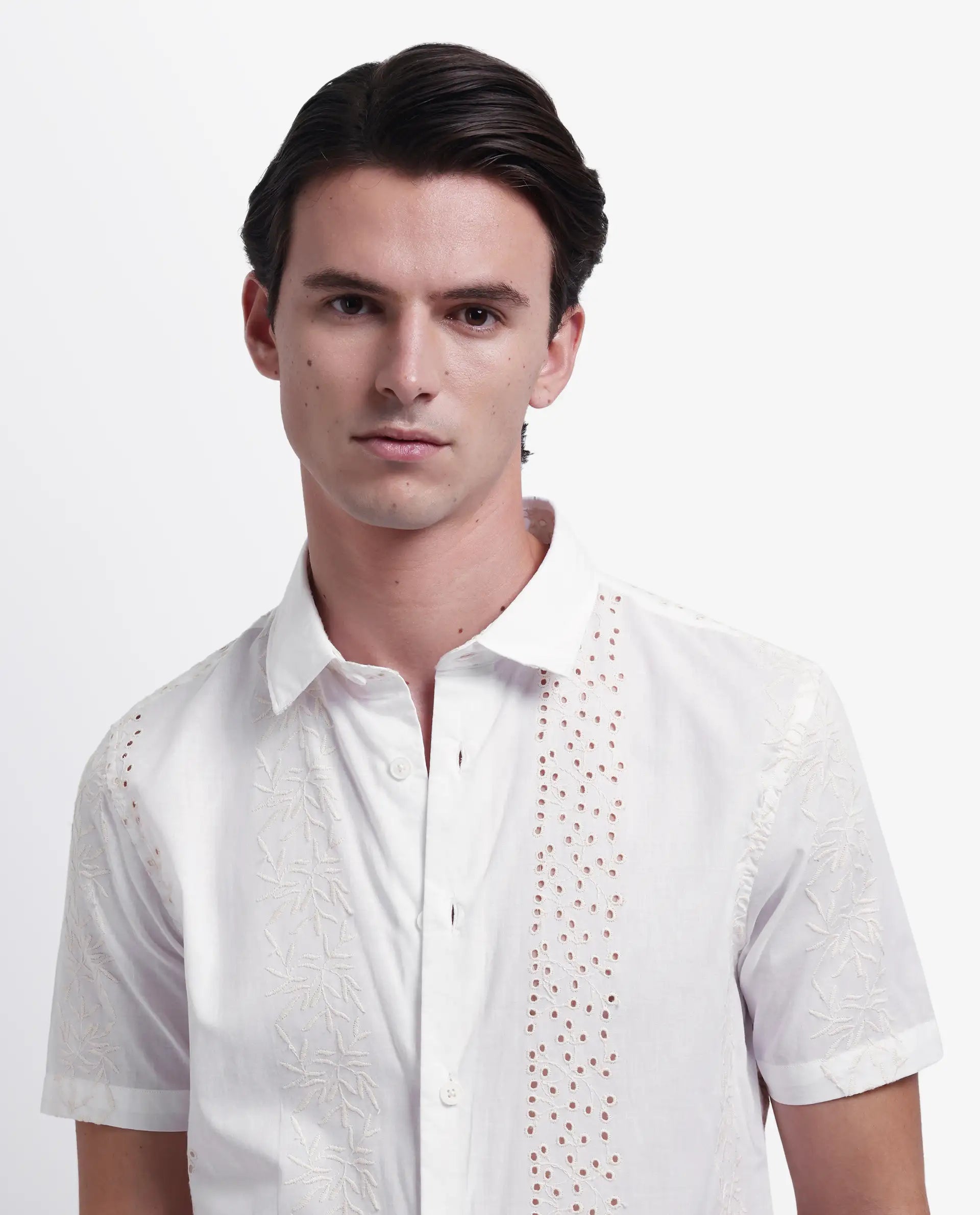 Rare Rabbit Men's Shel White Cotton Embroidered Regular Fit Half Sleeve Collared Shirt