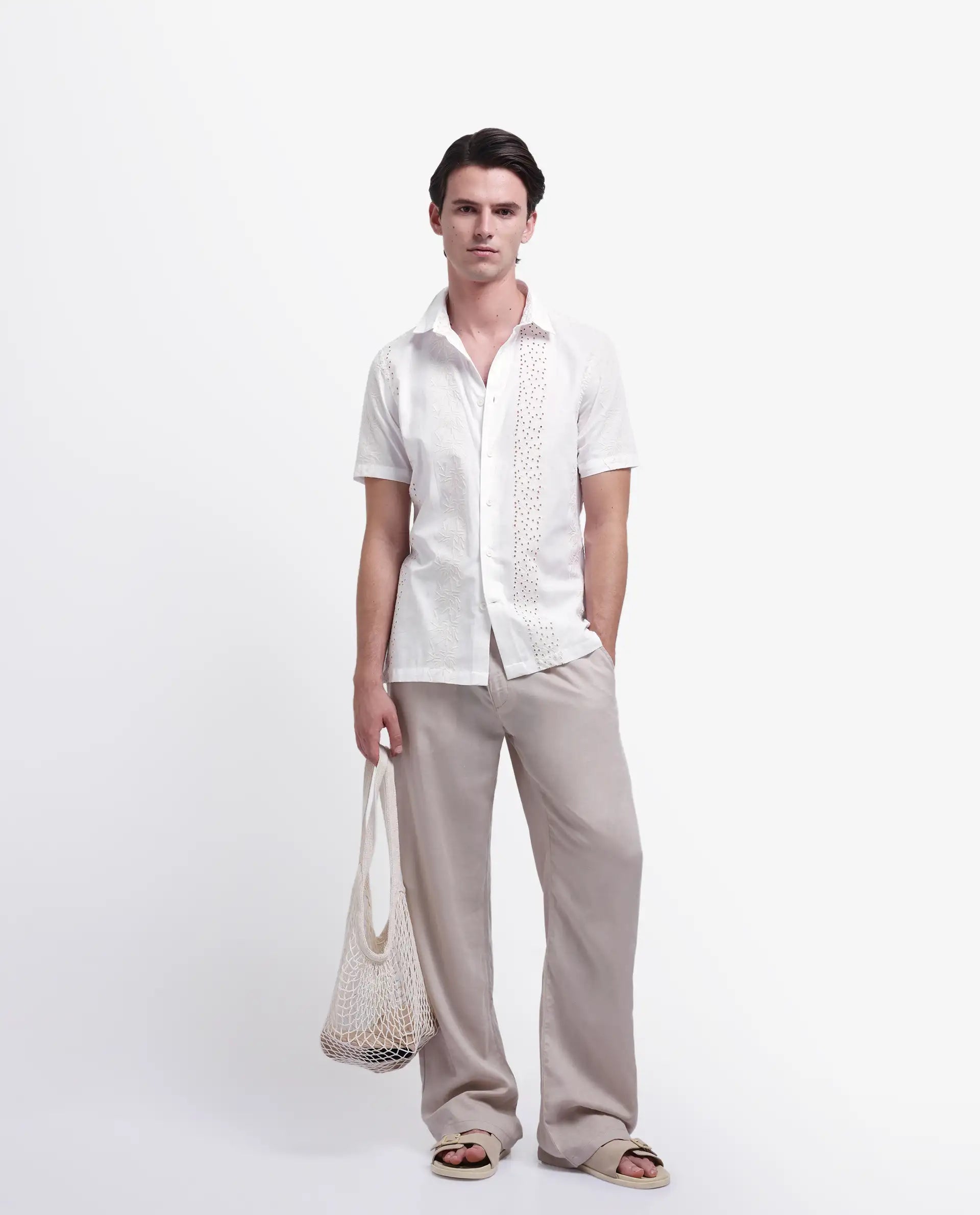 Rare Rabbit Men's Shel White Cotton Embroidered Regular Fit Half Sleeve Collared Shirt