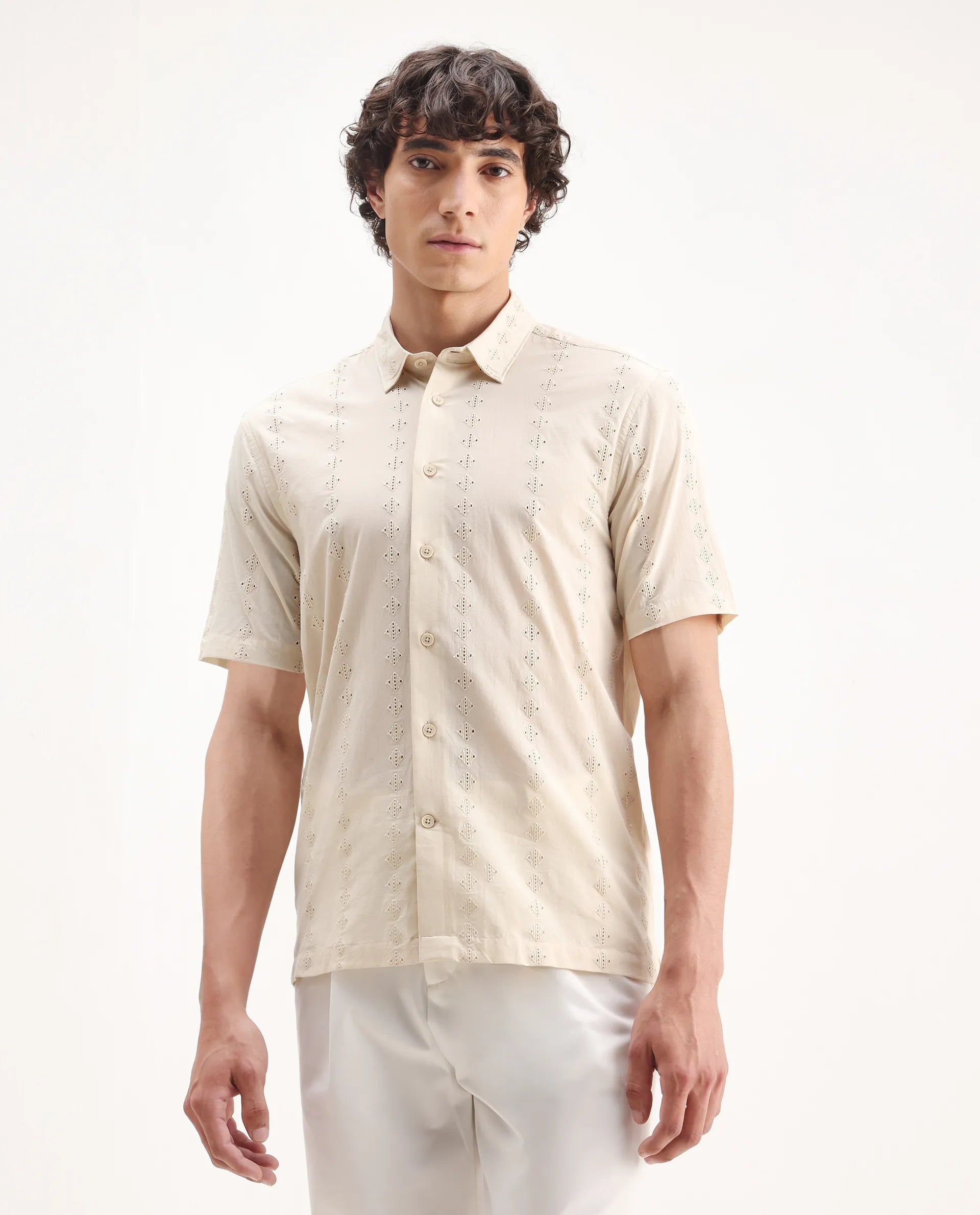 Rare Rabbit Men's Shen Beige Cotton Embroidered Regular Fit Half Sleeve Collared Shirt