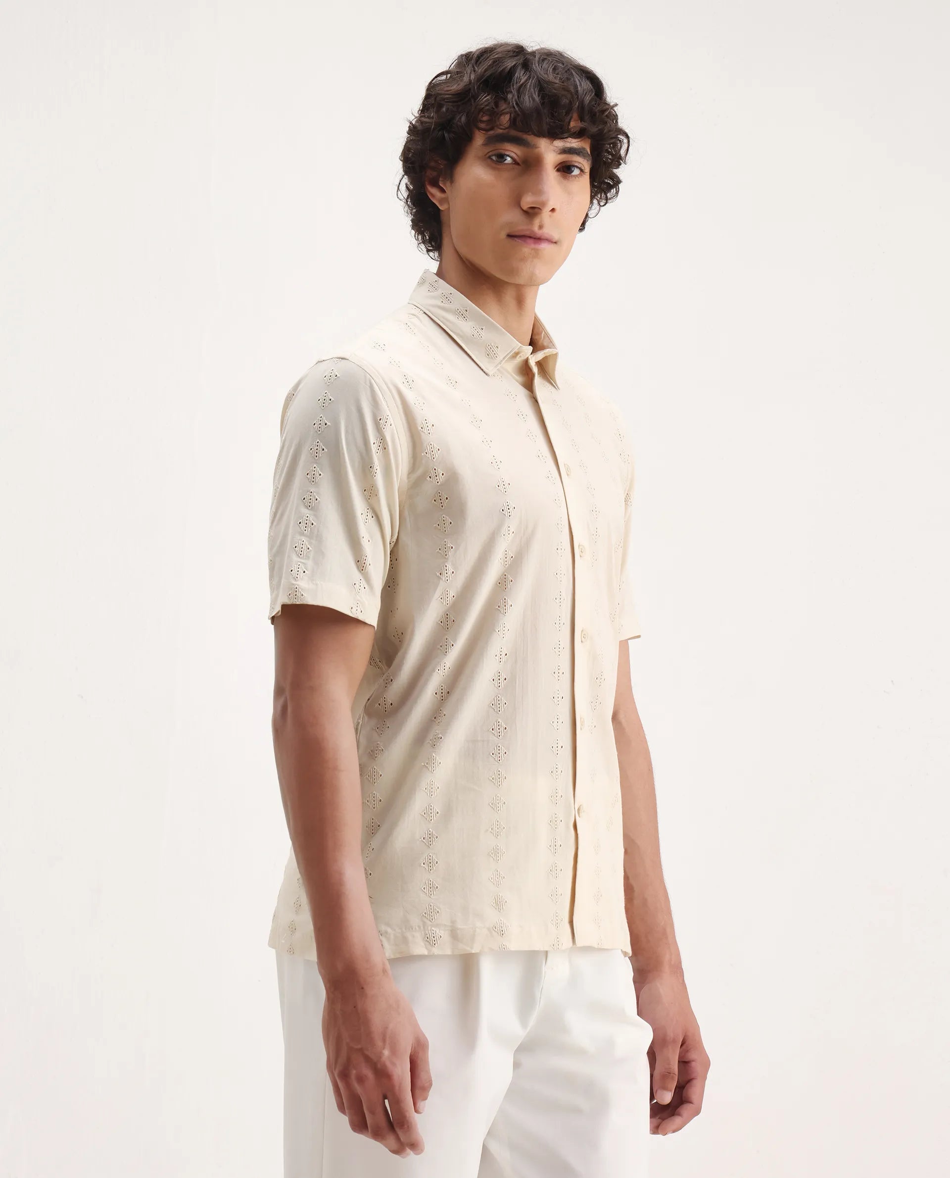 Rare Rabbit Men's Shen Beige Cotton Embroidered Regular Fit Half Sleeve Collared Shirt