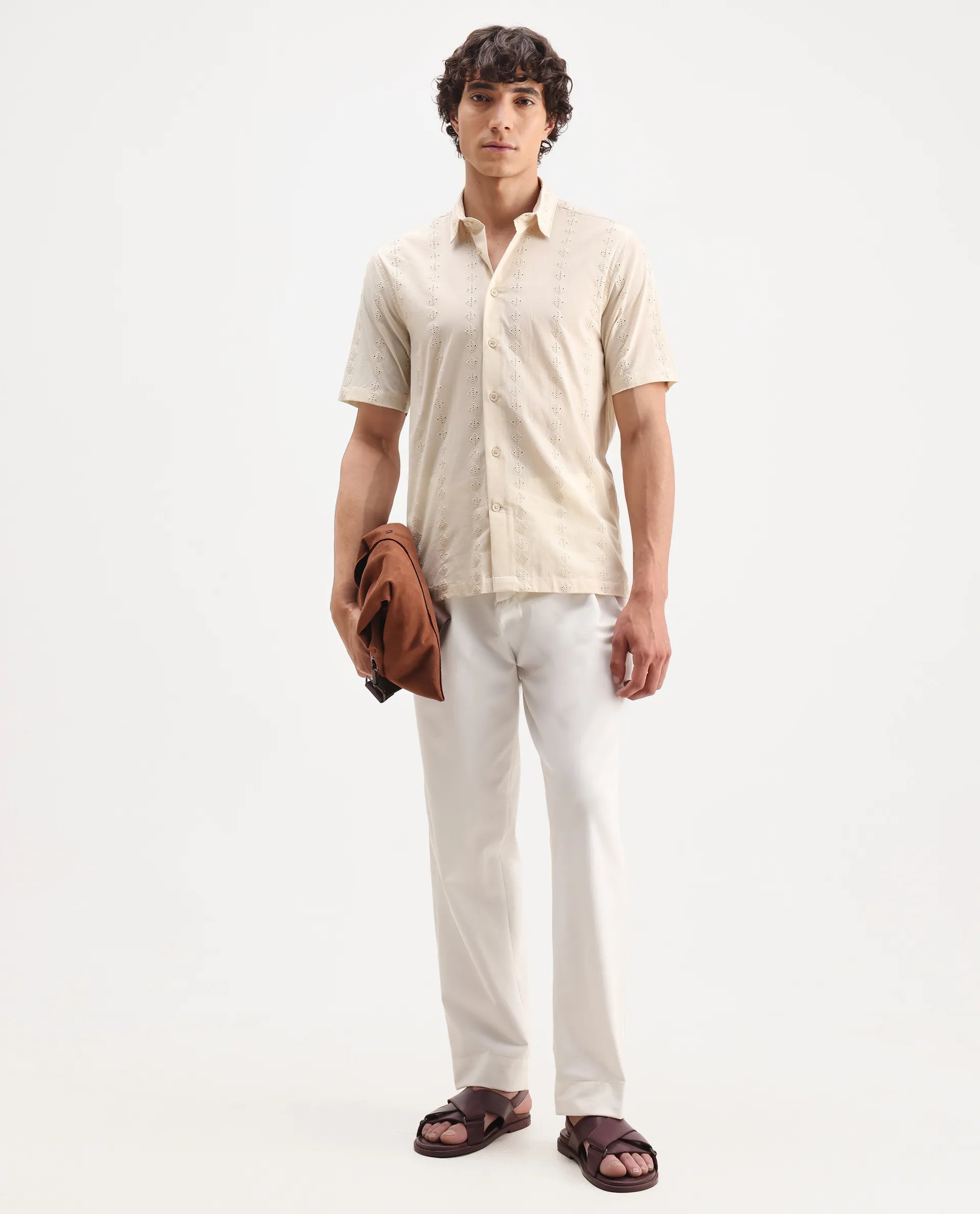 Rare Rabbit Men's Shen Beige Cotton Embroidered Regular Fit Half Sleeve Collared Shirt