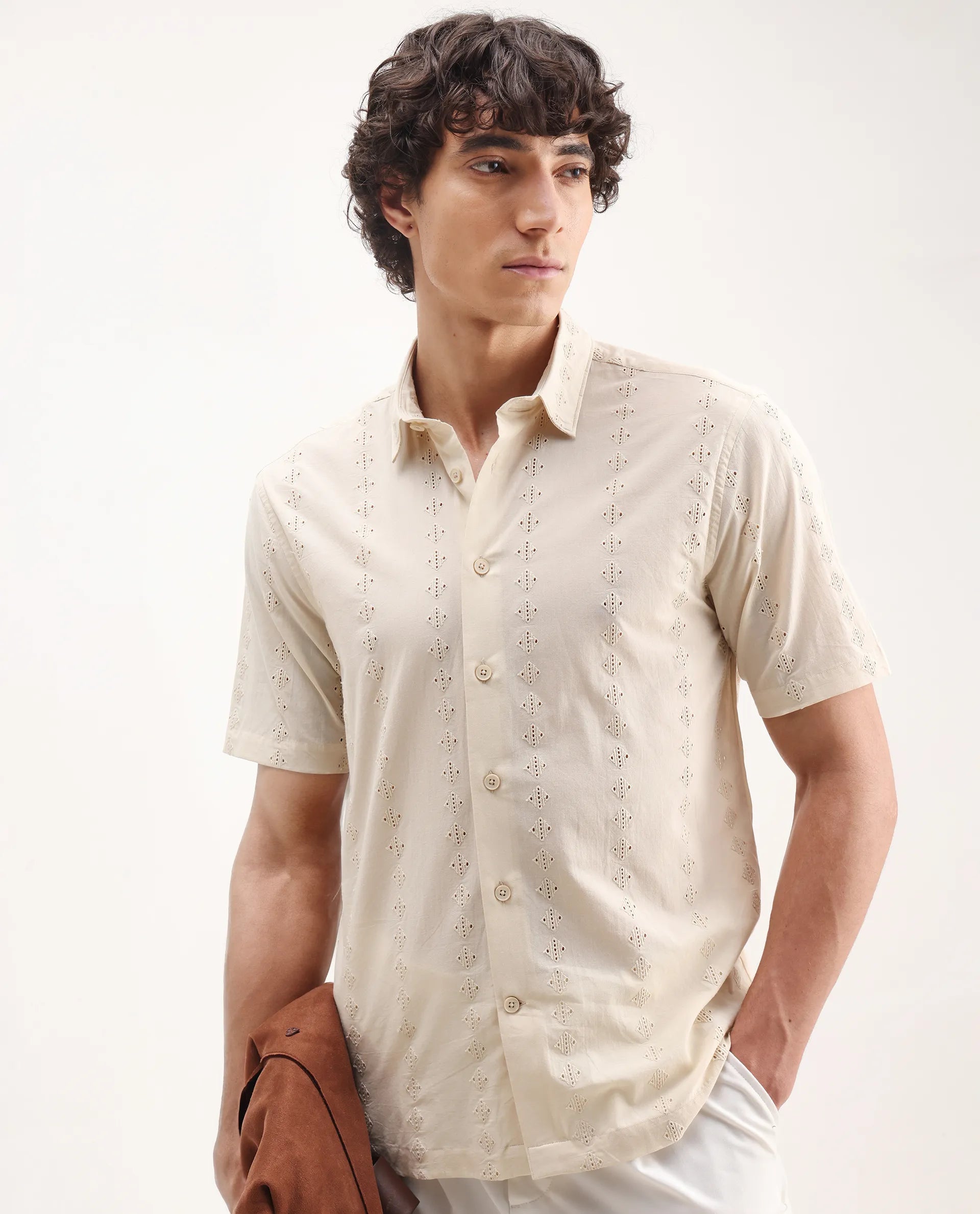 Rare Rabbit Men's Shen Beige Cotton Embroidered Regular Fit Half Sleeve Collared Shirt