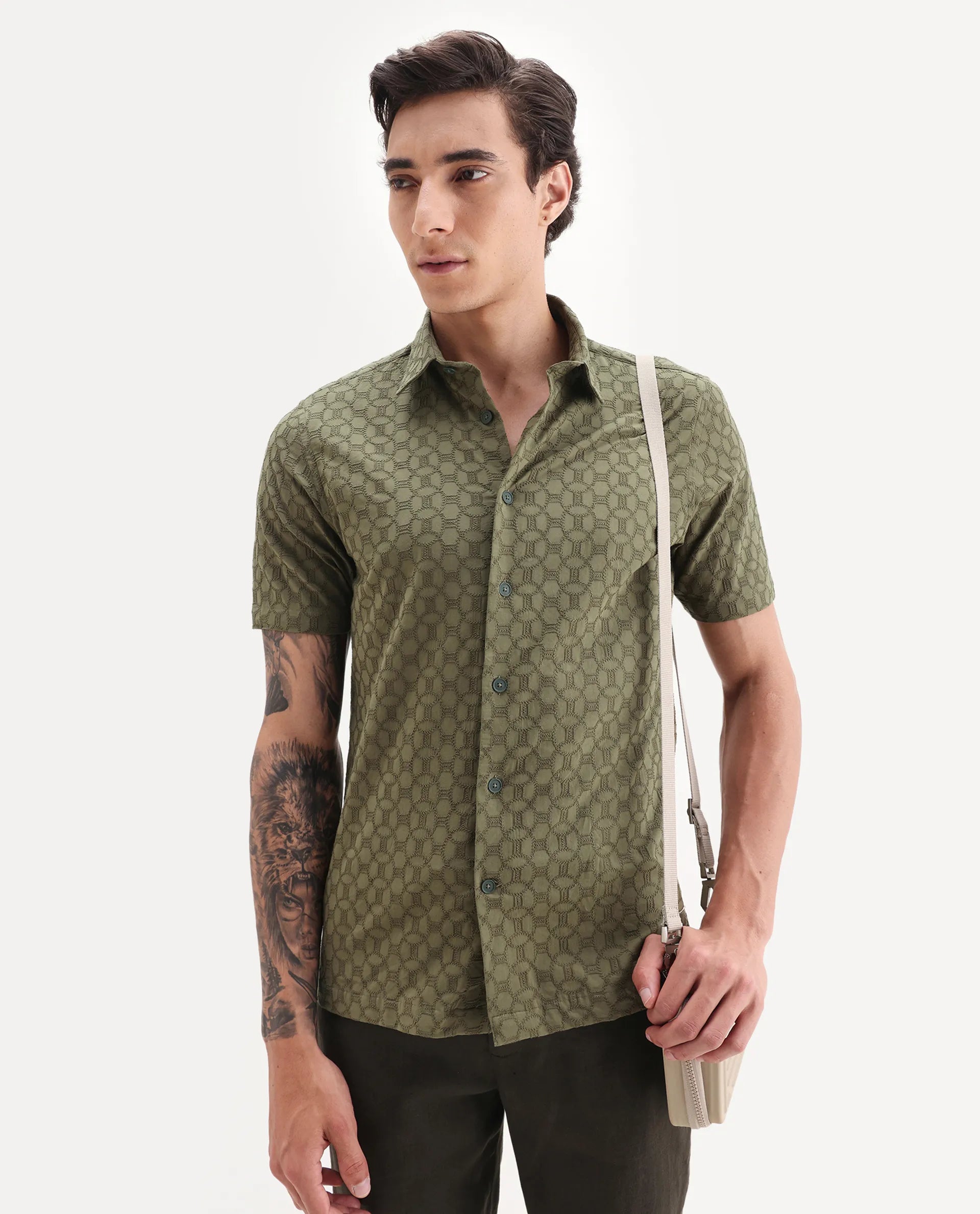 Rare Rabbit Men's Shef Olive Cotton Embroidered Regular Fit Half Sleeve Collared Shirt