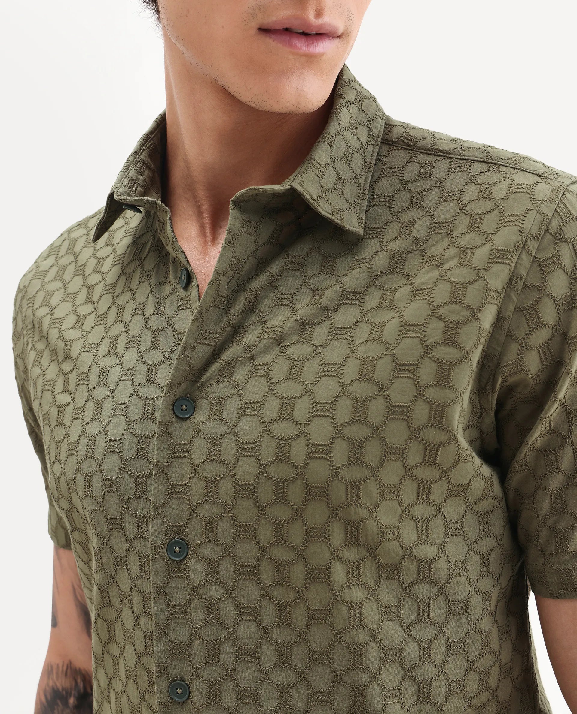 Rare Rabbit Men's Shef Olive Cotton Embroidered Regular Fit Half Sleeve Collared Shirt