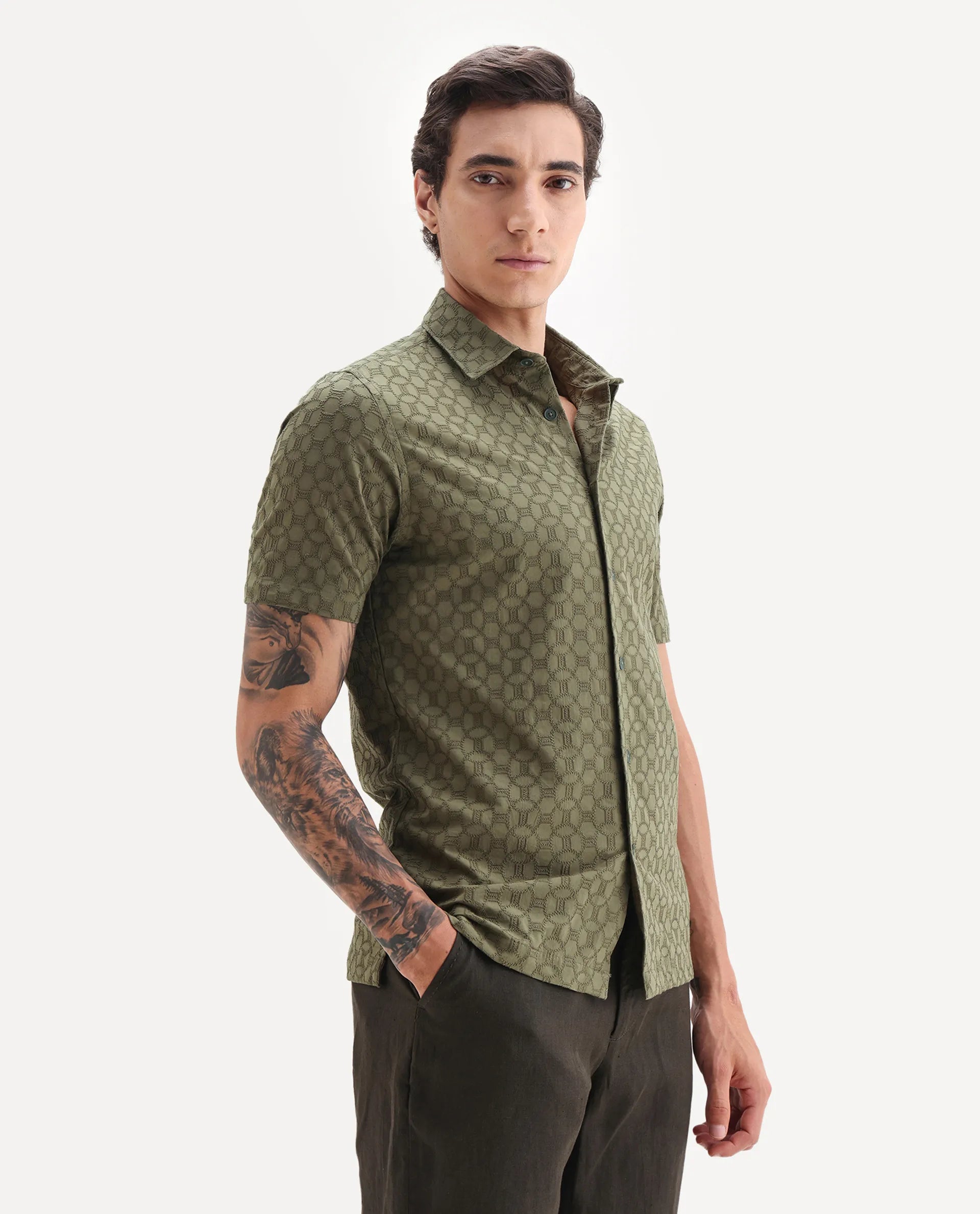 Rare Rabbit Men's Shef Olive Cotton Embroidered Regular Fit Half Sleeve Collared Shirt