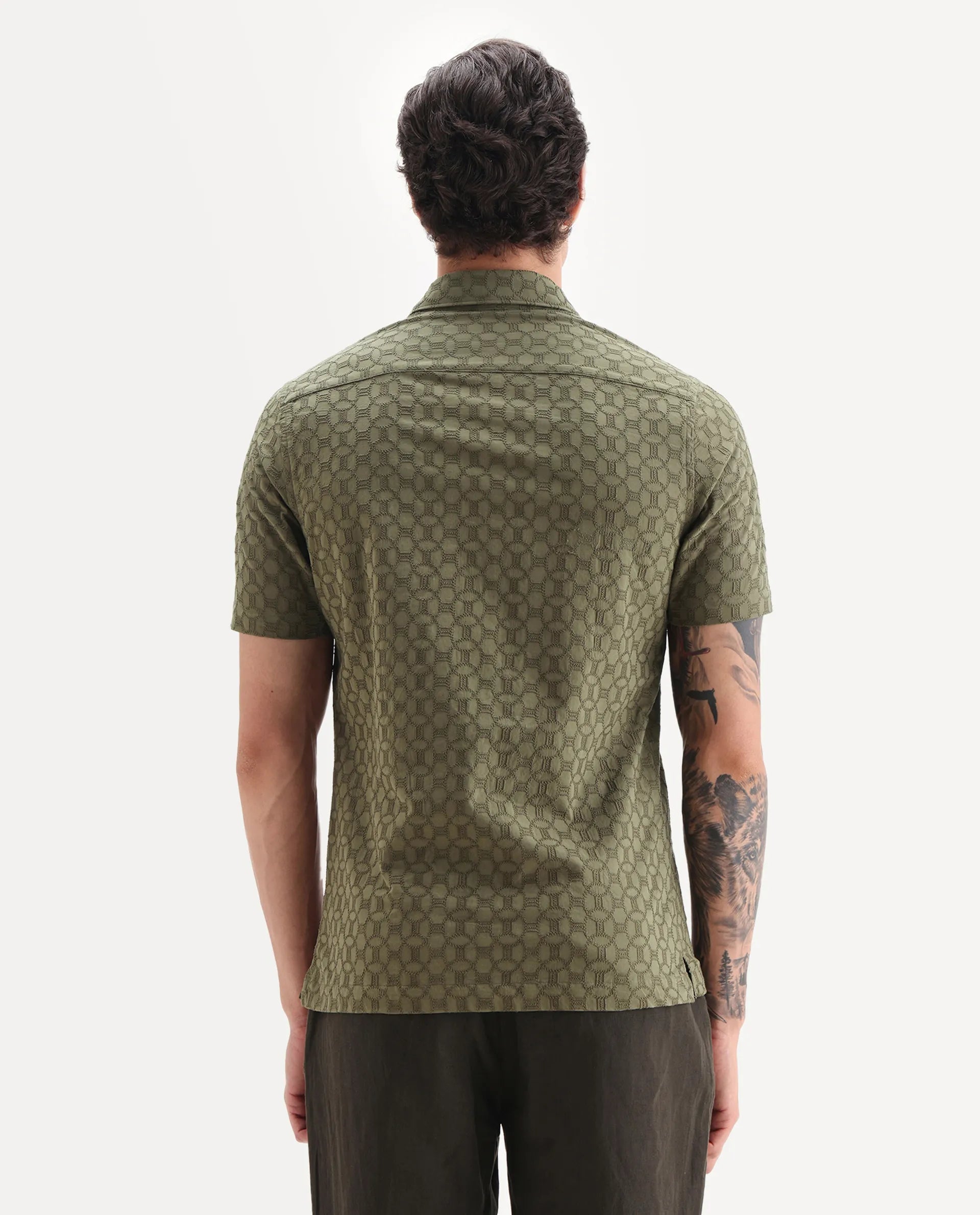 Rare Rabbit Men's Shef Olive Cotton Embroidered Regular Fit Half Sleeve Collared Shirt