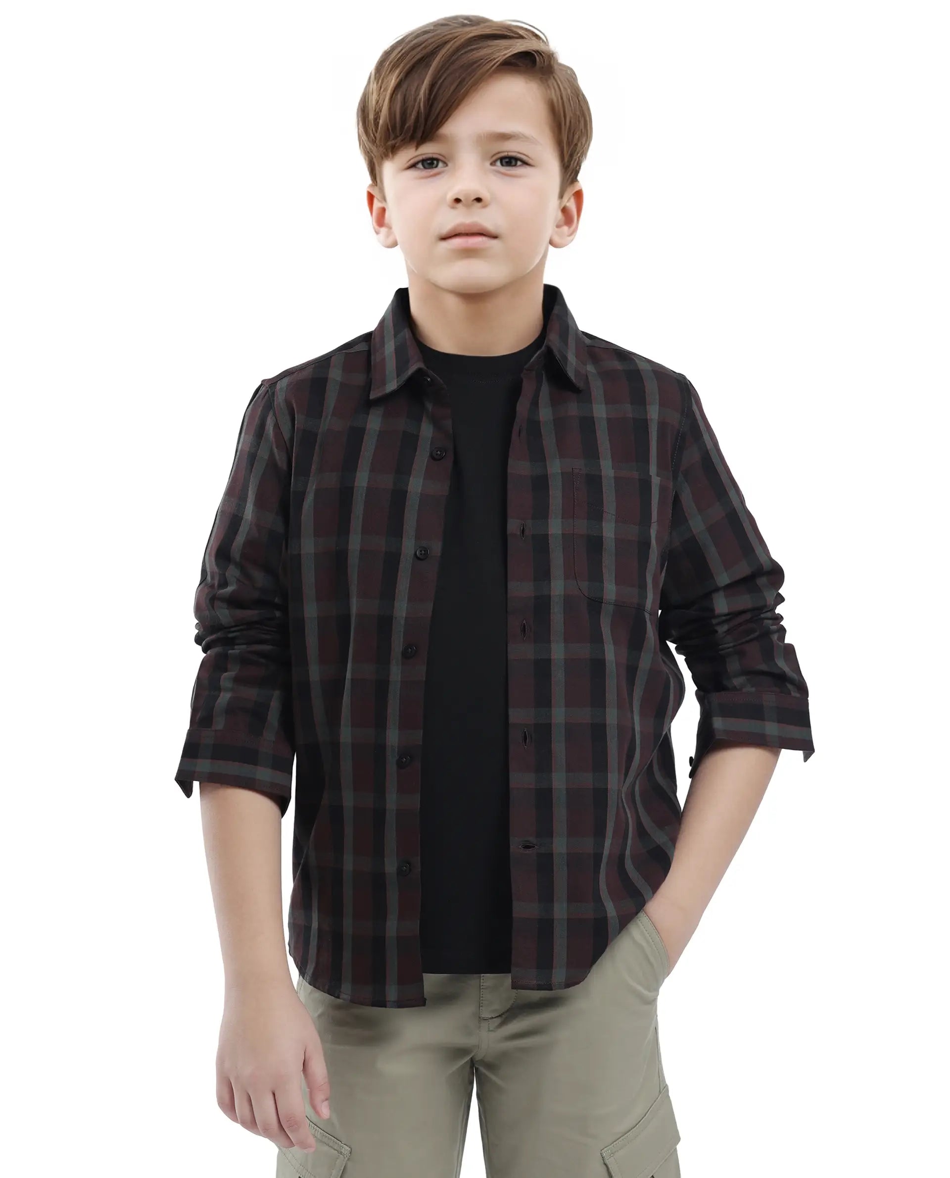 Rare Ones Kids Shilo Brown Cotton Full Sleeve Button Checked Regular Fit Shirt