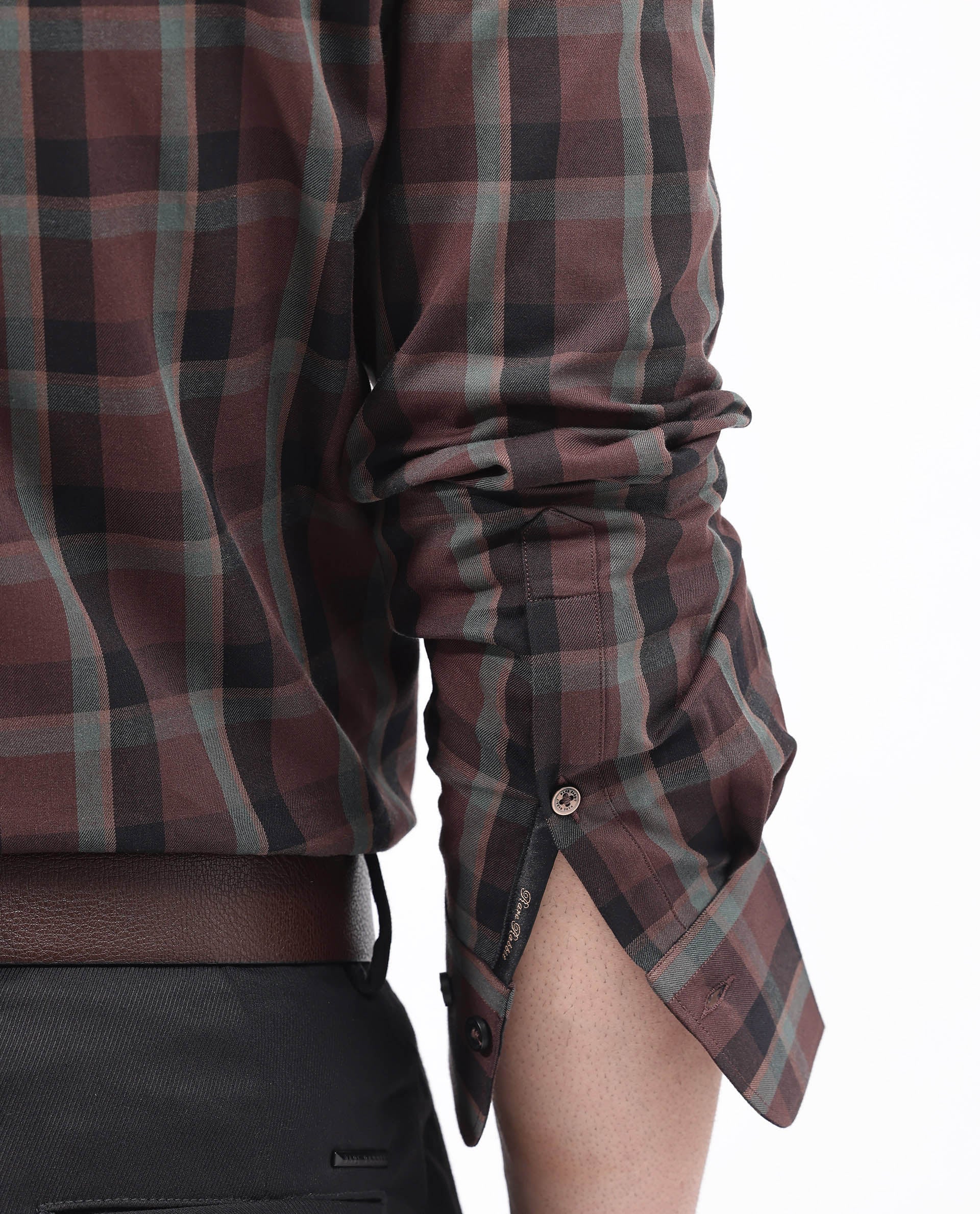 Rare Rabbit Men's Shiloh Brown Cotton Fabric Full Sleeve Regular Fit Checks Shirt