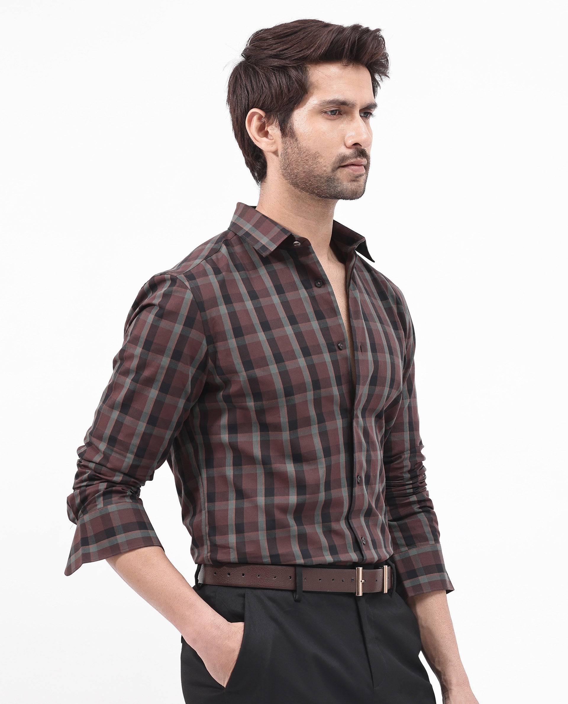 Rare Rabbit Men's Shiloh Brown Cotton Fabric Full Sleeve Regular Fit Checks Shirt