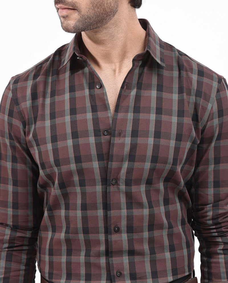 Rare Rabbit Men's Shiloh Brown Cotton Fabric Full Sleeve Regular Fit Checks Shirt