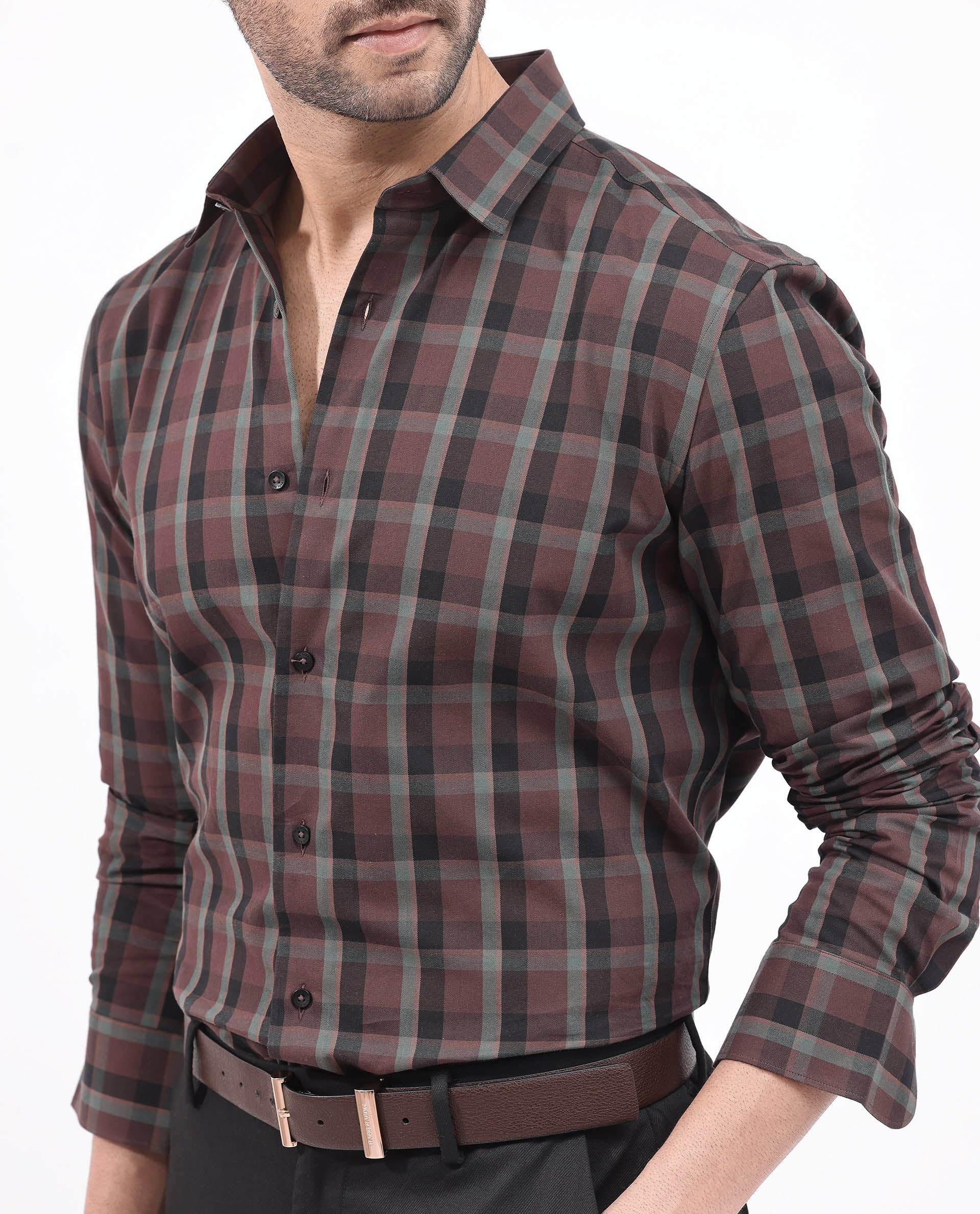 Rare Rabbit Men's Shiloh Brown Cotton Fabric Full Sleeve Regular Fit Checks Shirt