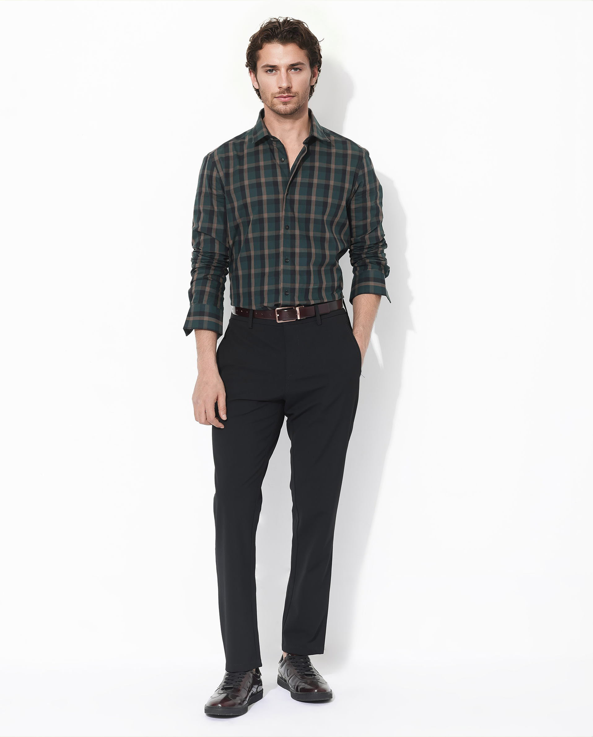 Rare Rabbit Men's Shiloh Dark Green Cotton Fabric Full Sleeve Regular Fit Checks Shirt