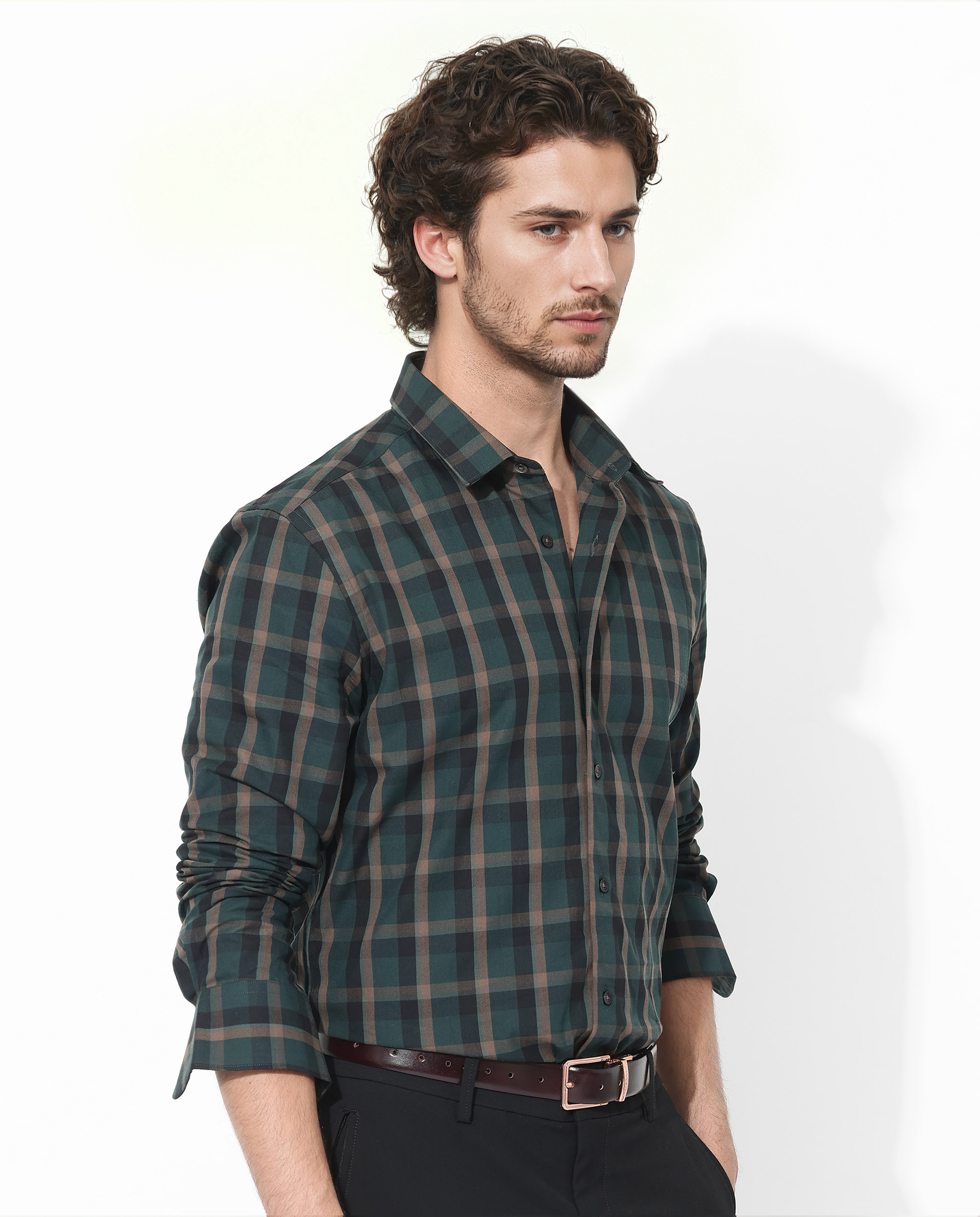 Rare Rabbit Men's Shiloh Dark Green Cotton Fabric Full Sleeve Regular Fit Checks Shirt