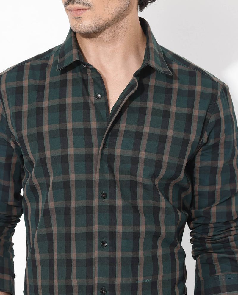 Rare Rabbit Men's Shiloh Dark Green Cotton Fabric Full Sleeve Regular Fit Checks Shirt