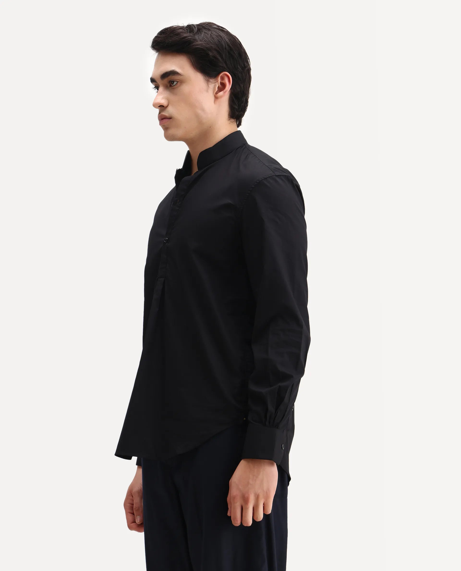 Rare Rabbit Men's Shin Black Cotton Plain Regular Fit Full Sleeve Mandarin Collar Shirt