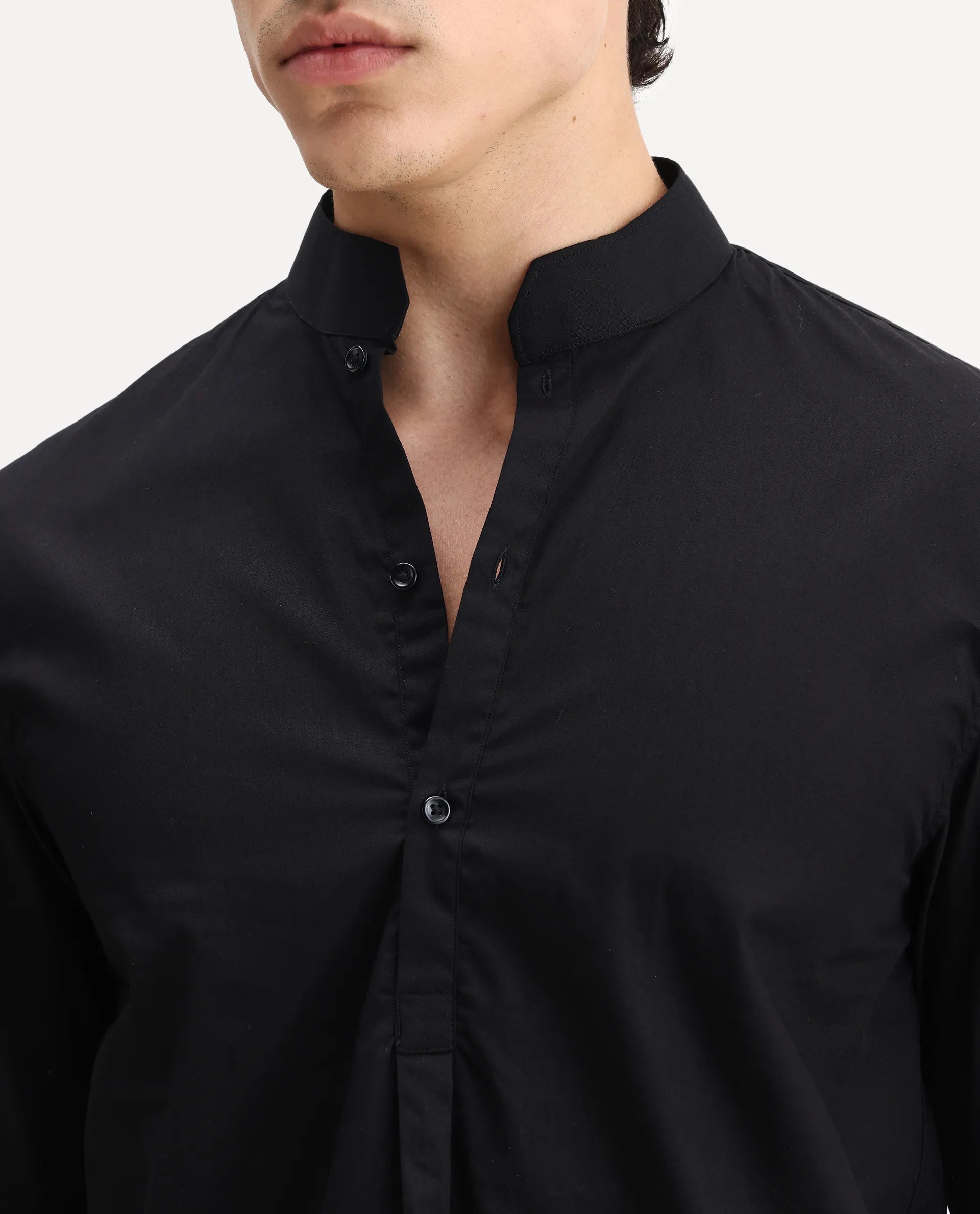 Rare Rabbit Men's Shin Black Cotton Plain Regular Fit Full Sleeve Mandarin Collar Shirt