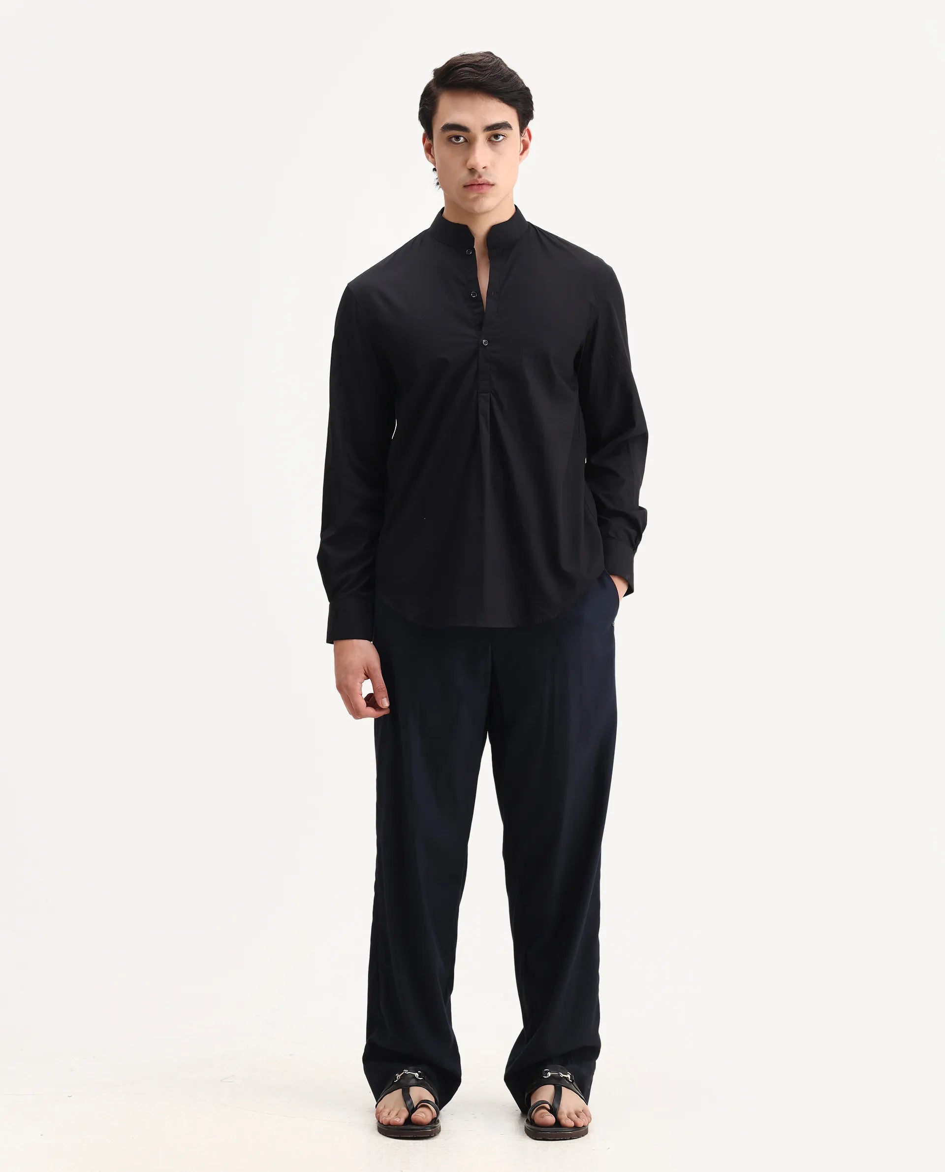 Rare Rabbit Men's Shin Black Cotton Plain Regular Fit Full Sleeve Mandarin Collar Shirt