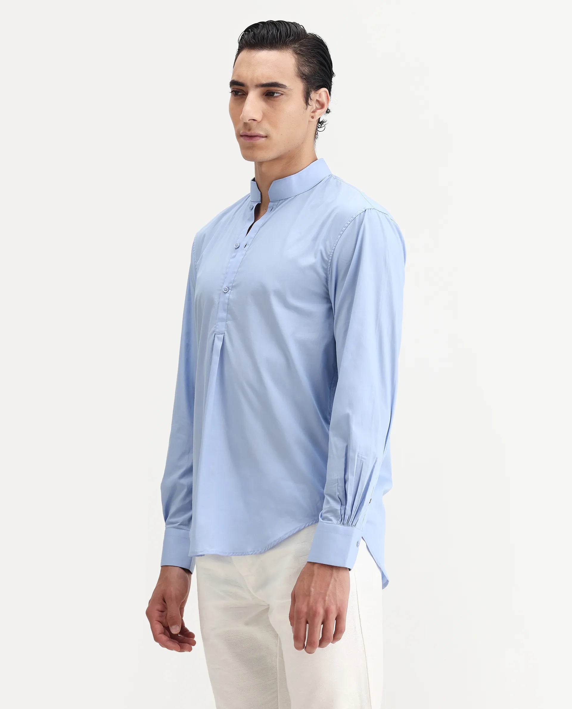 Rare Rabbit Men's Shin Pastel Blue Cotton Plain Regular Fit Full Sleeve Mandarin Collar Shirt