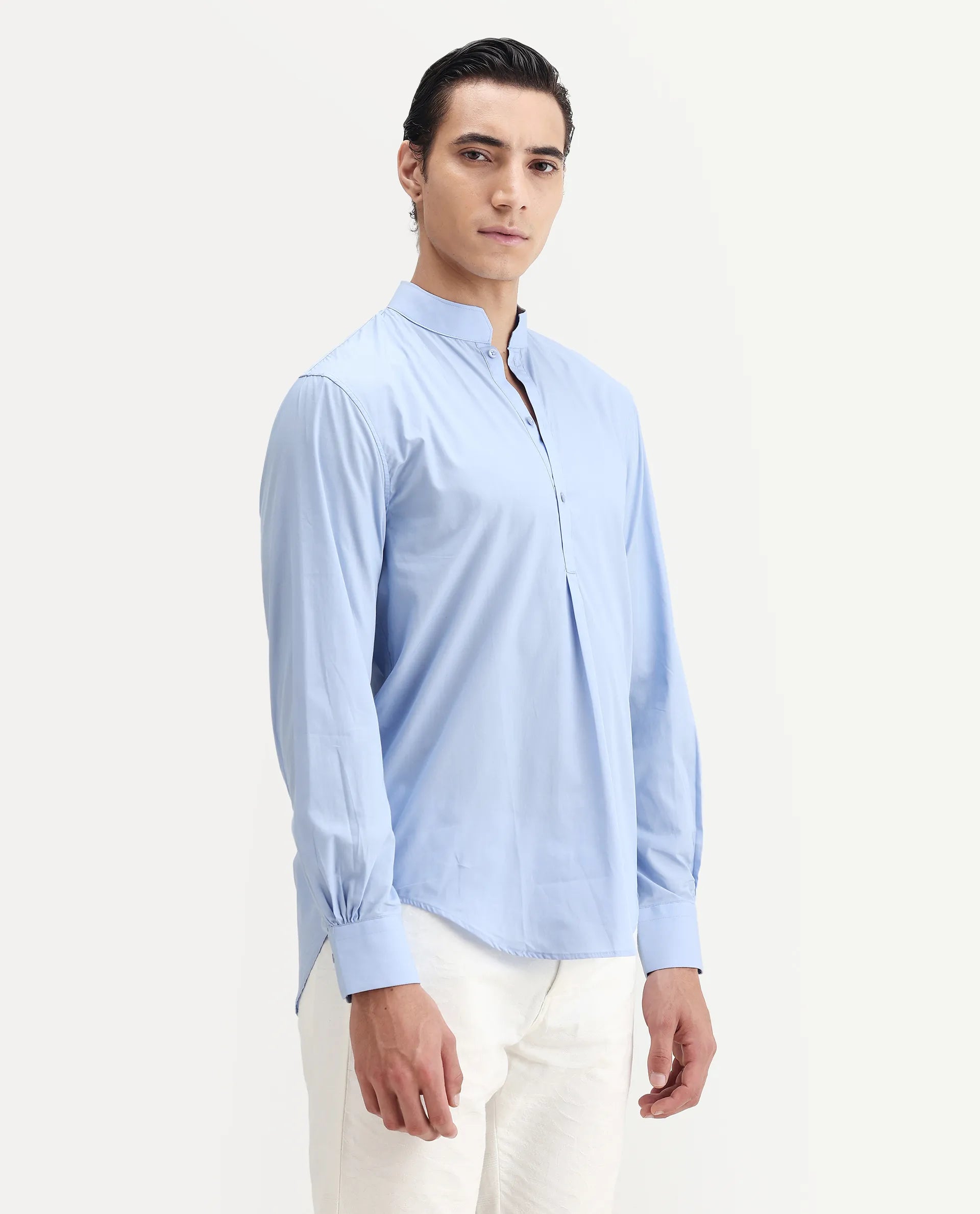 Rare Rabbit Men's Shin Pastel Blue Cotton Plain Regular Fit Full Sleeve Mandarin Collar Shirt
