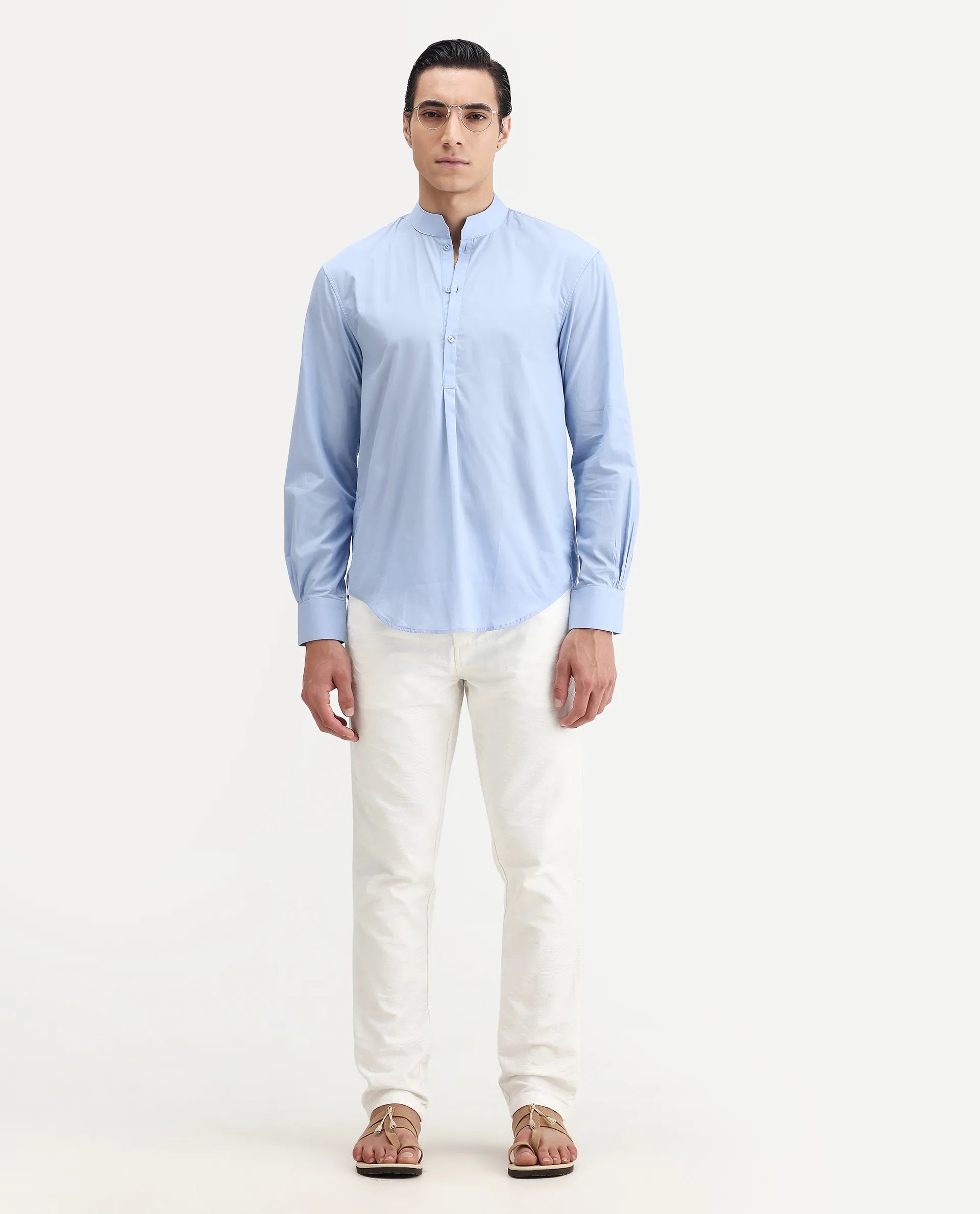 Rare Rabbit Men's Shin Pastel Blue Cotton Plain Regular Fit Full Sleeve Mandarin Collar Shirt