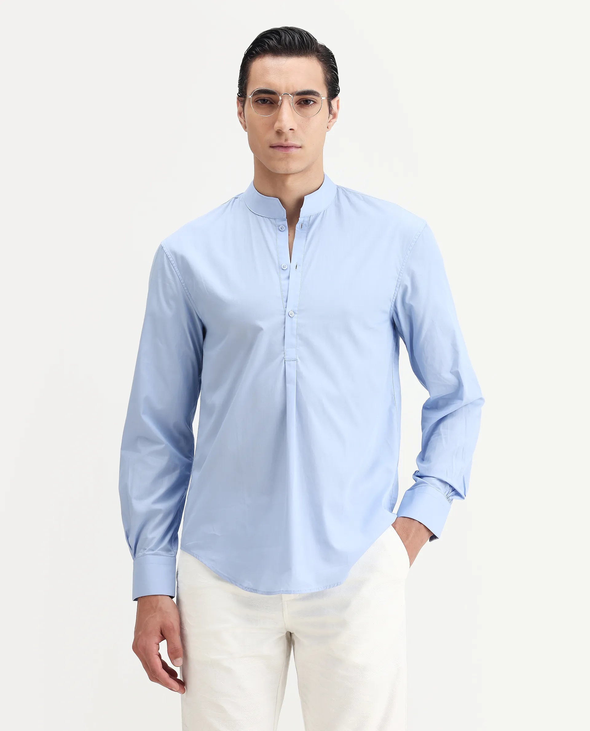 Rare Rabbit Men's Shin Pastel Blue Cotton Plain Regular Fit Full Sleeve Mandarin Collar Shirt