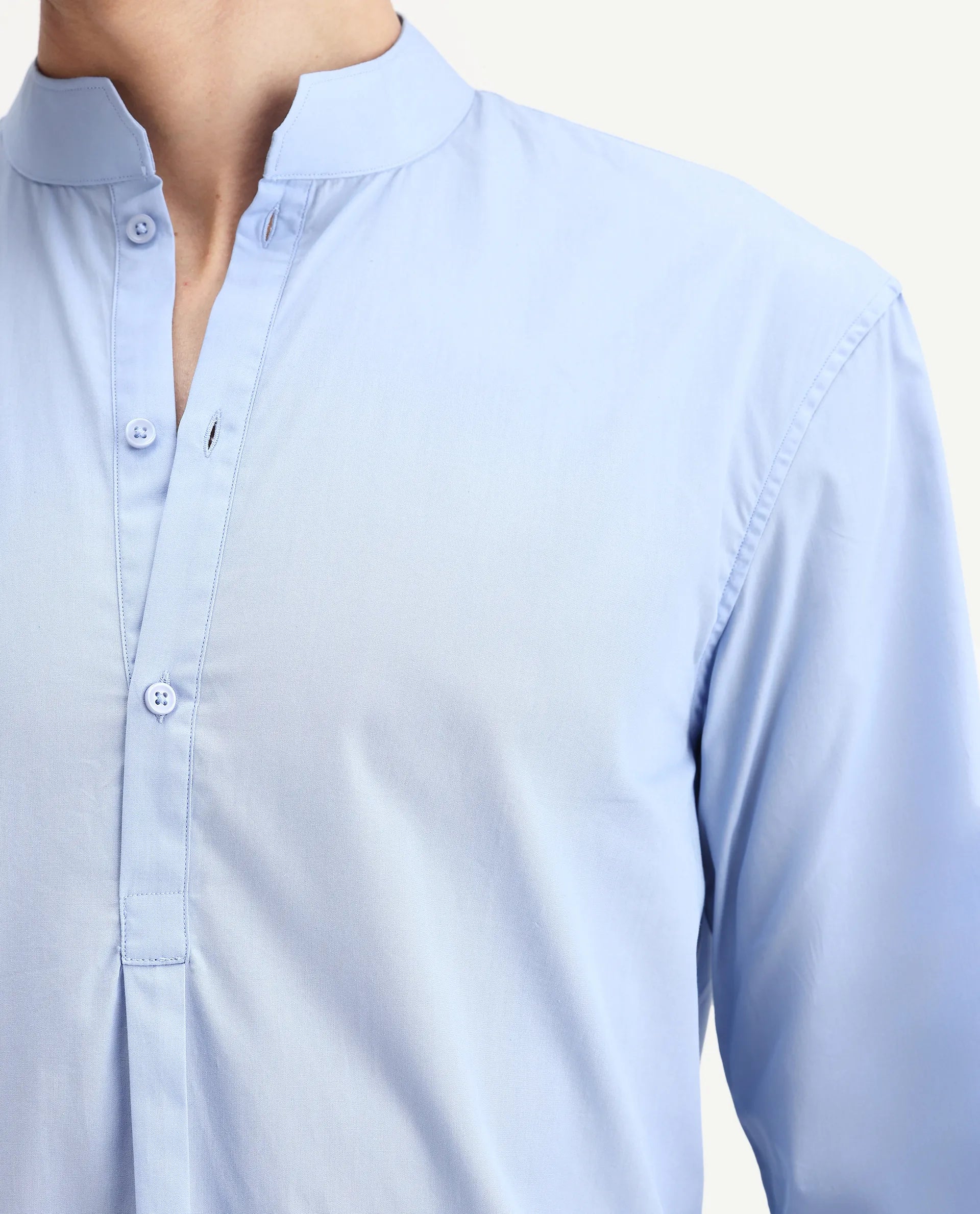 Rare Rabbit Men's Shin Pastel Blue Cotton Plain Regular Fit Full Sleeve Mandarin Collar Shirt