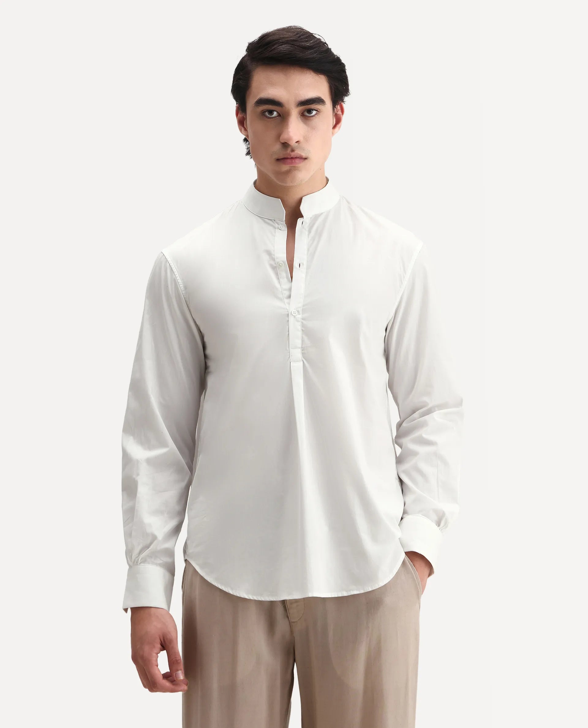 Rare Rabbit Men's Shin White Cotton Plain Regular Fit Full Sleeve Mandarin Collar Shirt