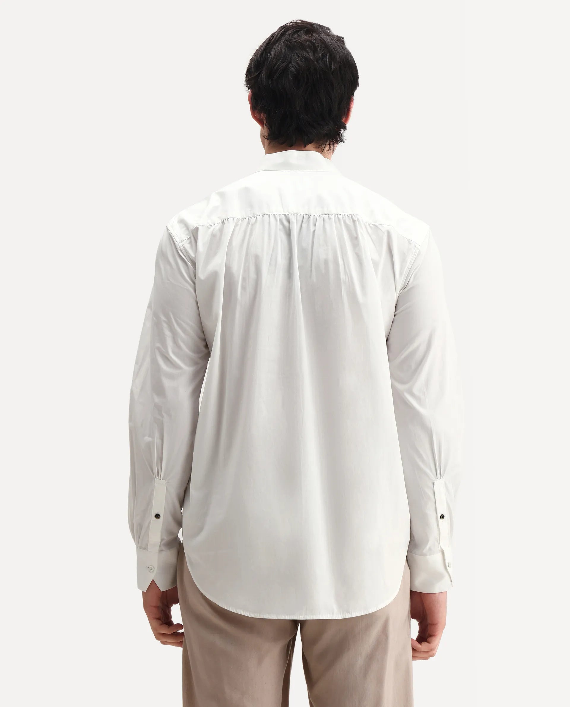 Rare Rabbit Men's Shin White Cotton Plain Regular Fit Full Sleeve Mandarin Collar Shirt