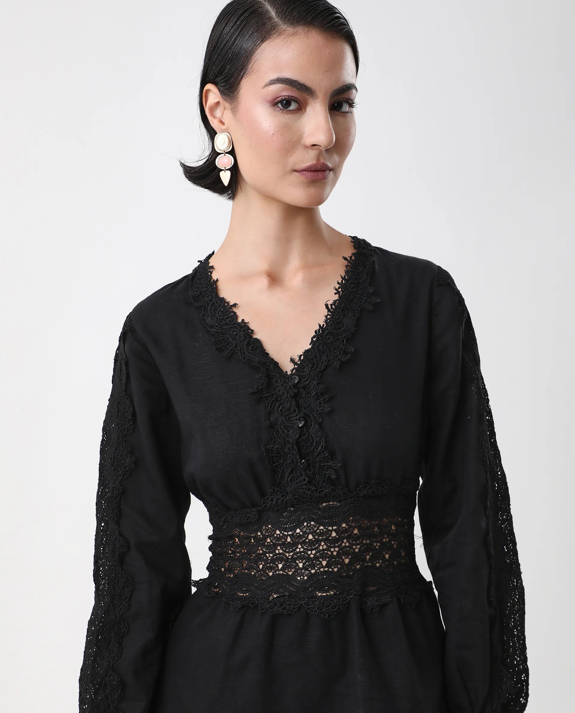 Rareism Women's Shirley Black V-Neck Plain Bishop Sleeve Mini Fit And Flare Dress