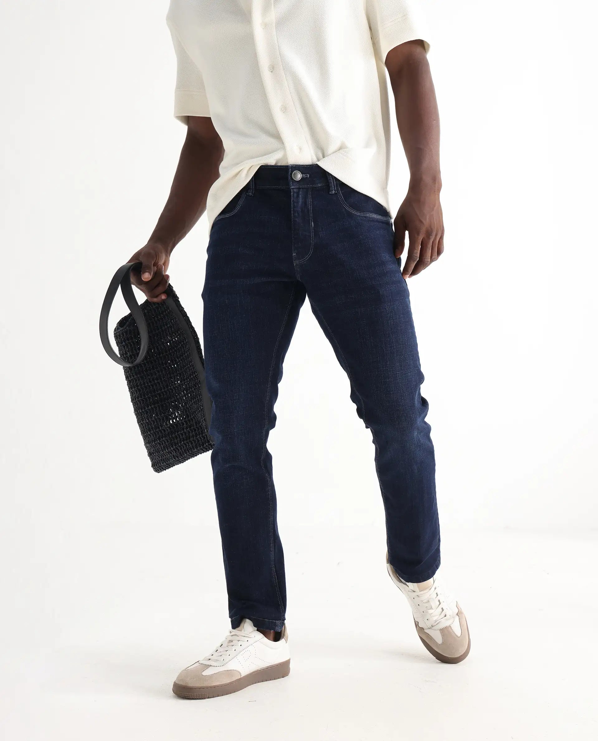 Rare Rabbit Men's Shirol Blue Cotton Blend Plain Hawk Slim Fit Jeans