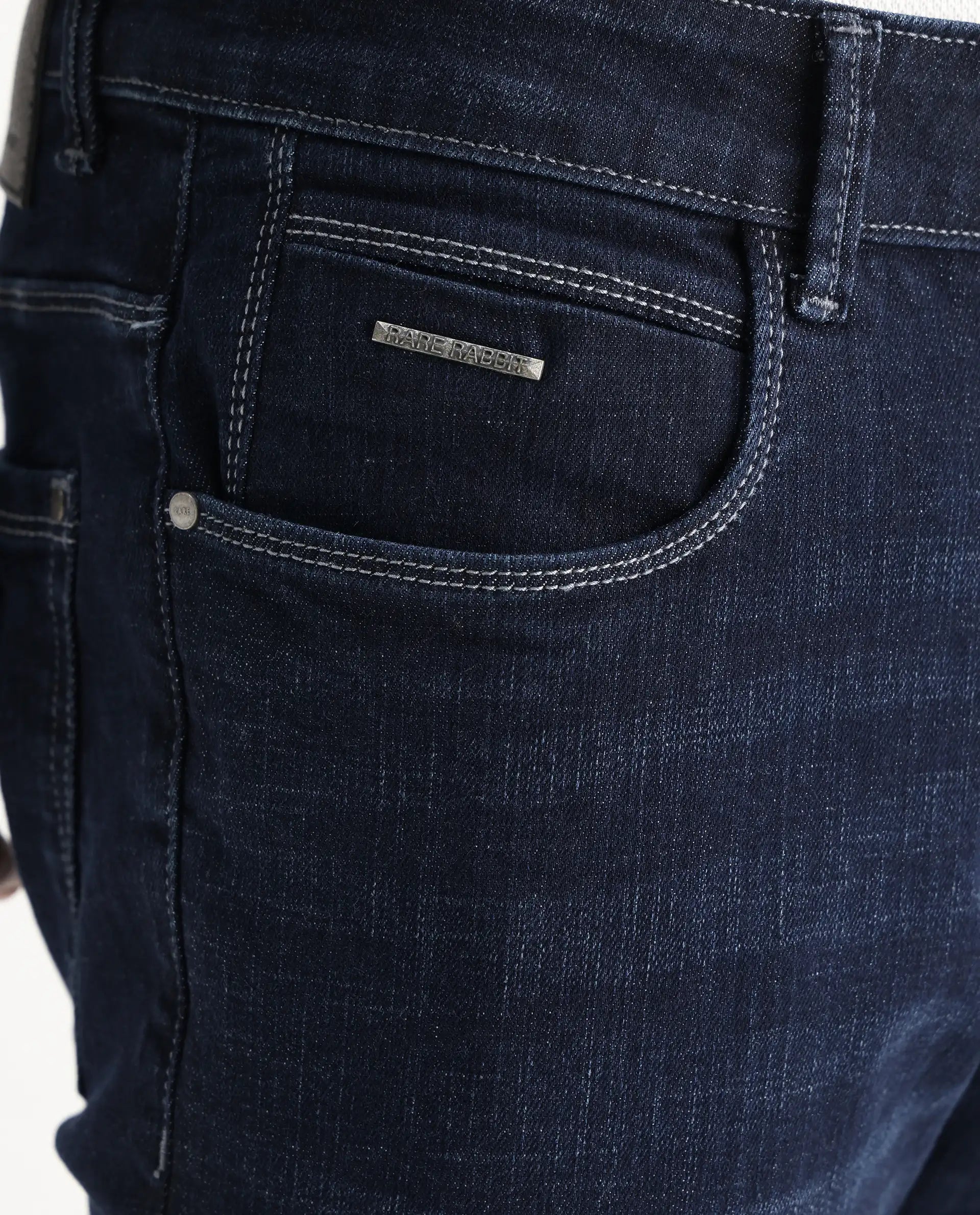 Rare Rabbit Men's Shirol Blue Cotton Blend Plain Hawk Slim Fit Jeans